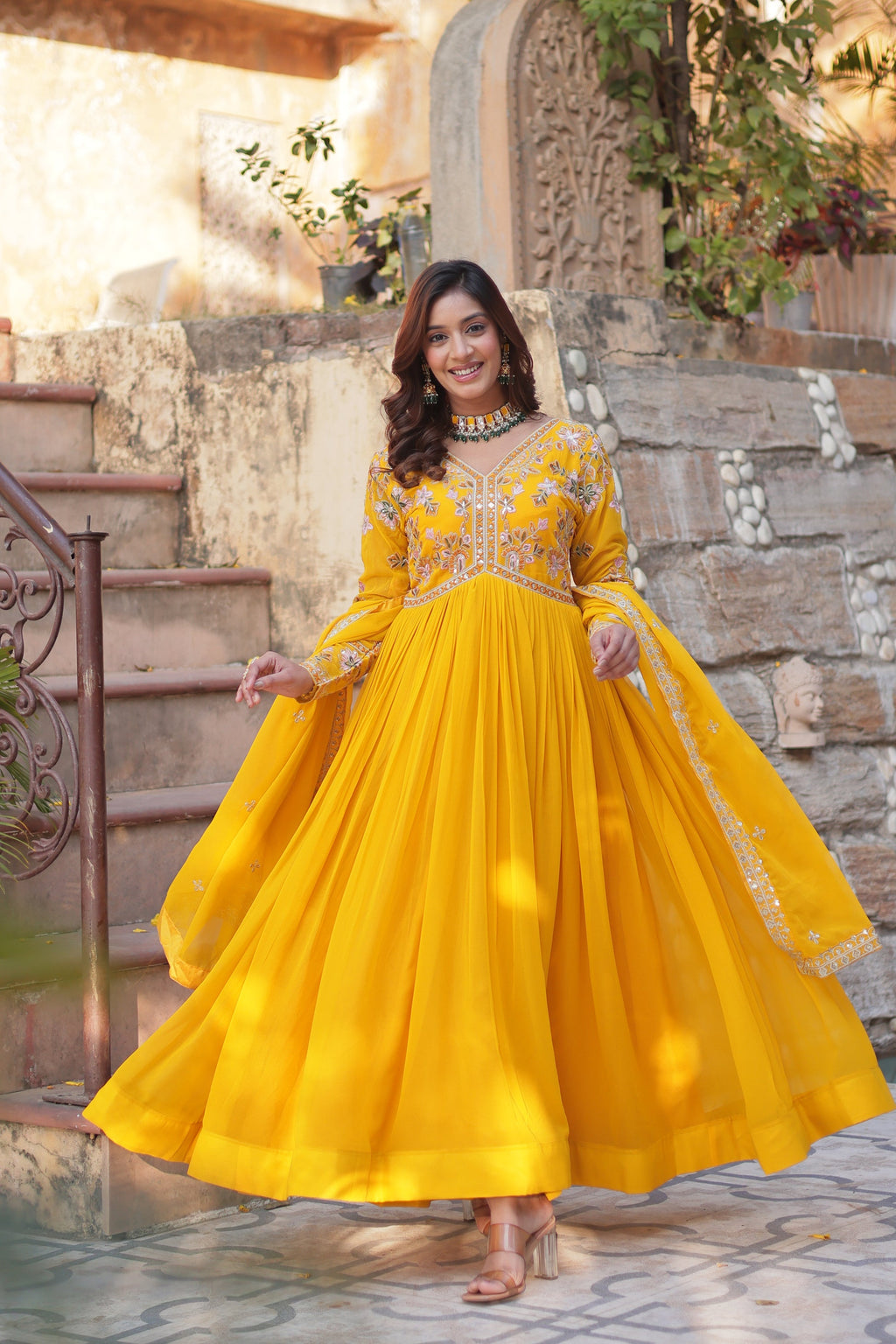 Ruhika Zari Sequins Embroidered Alia Cut Yellow Anarkali Set