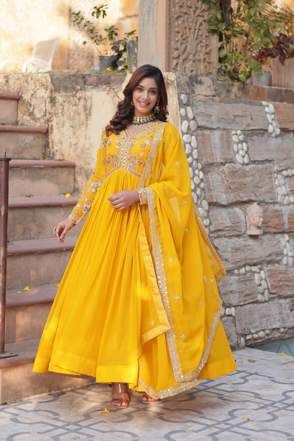 Ruhika Zari Sequins Embroidered Alia Cut Yellow Anarkali Set