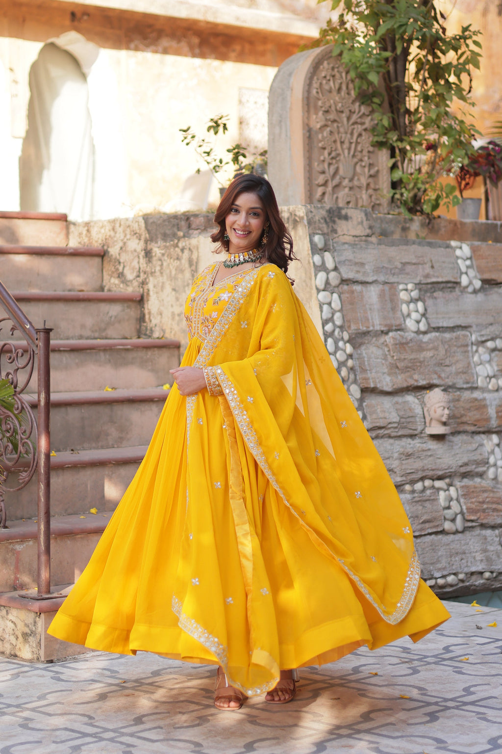 Ruhika Zari Sequins Embroidered Alia Cut Yellow Anarkali Set