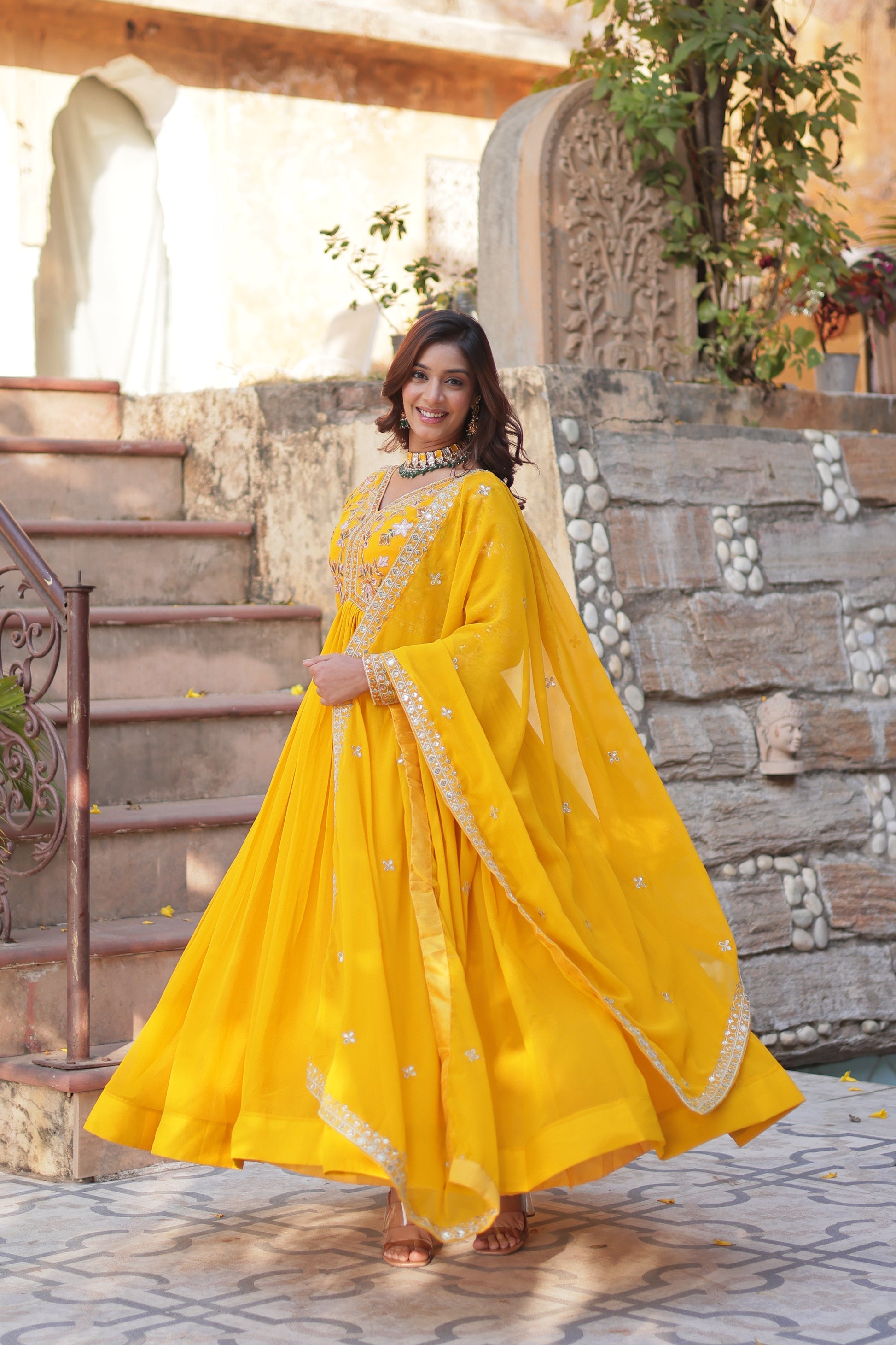 Ruhika Zari Sequins Embroidered Alia Cut Yellow Anarkali Set