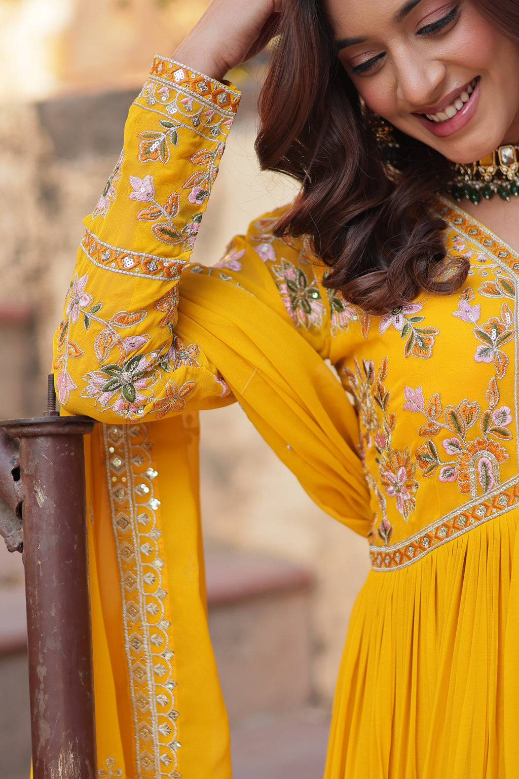 Ruhika Zari Sequins Embroidered Alia Cut Yellow Anarkali Set