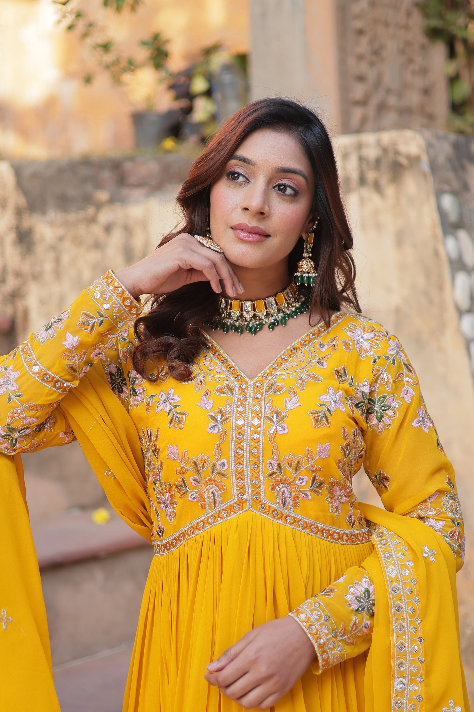 Ruhika Zari Sequins Embroidered Alia Cut Yellow Anarkali Set