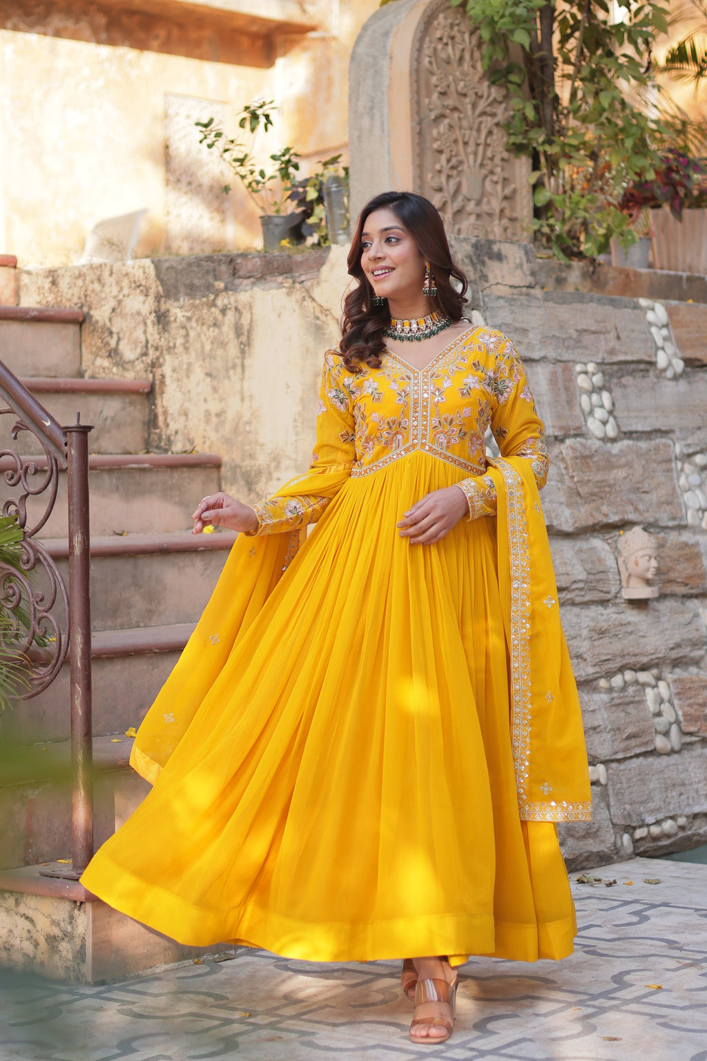 Ruhika Zari Sequins Embroidered Alia Cut Yellow Anarkali Set