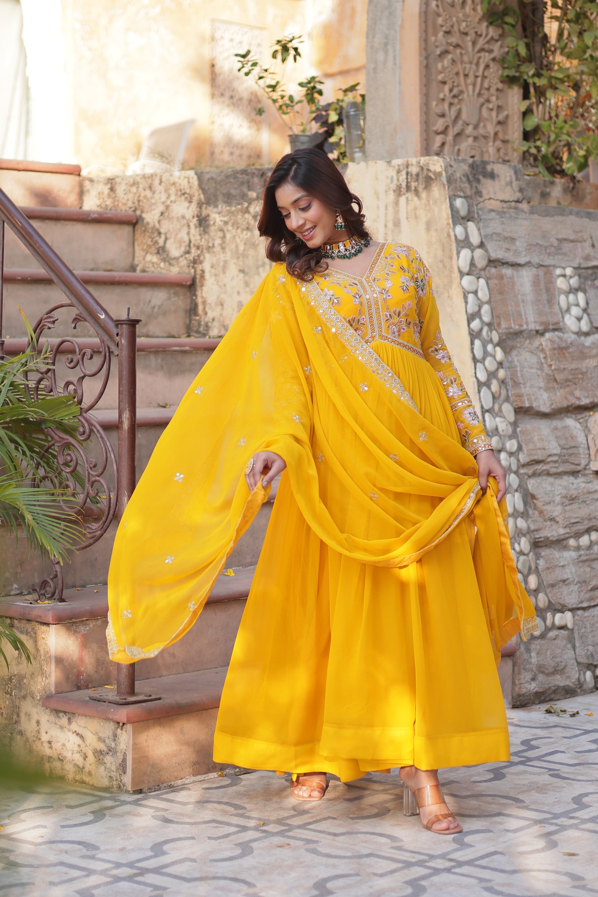 Ruhika Zari Sequins Embroidered Alia Cut Yellow Anarkali Set