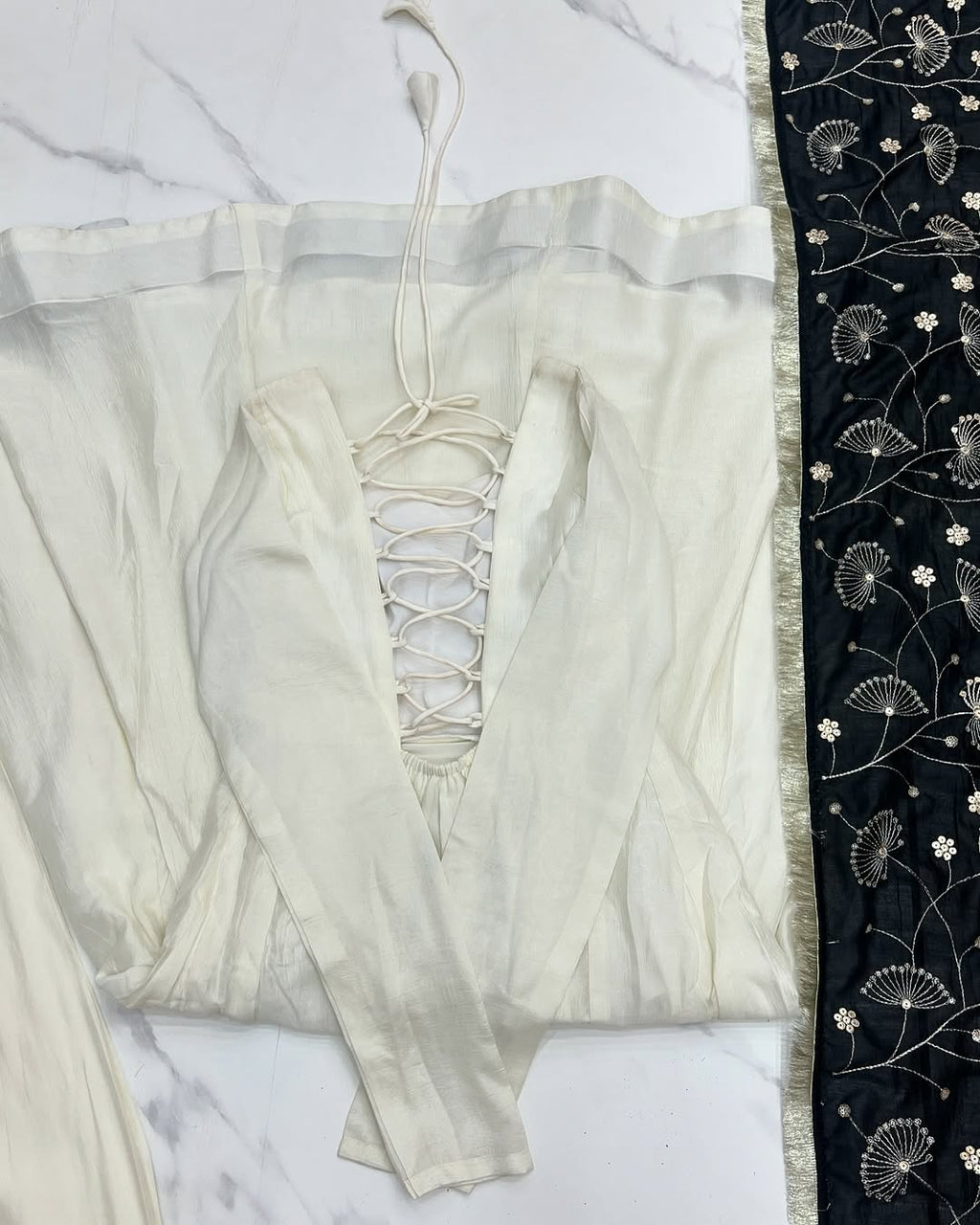Saesha White Anarkali Gown Set with Black Dupatta