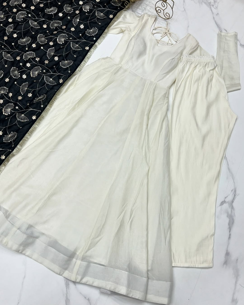 Saesha White Anarkali Gown Set with Black Dupatta