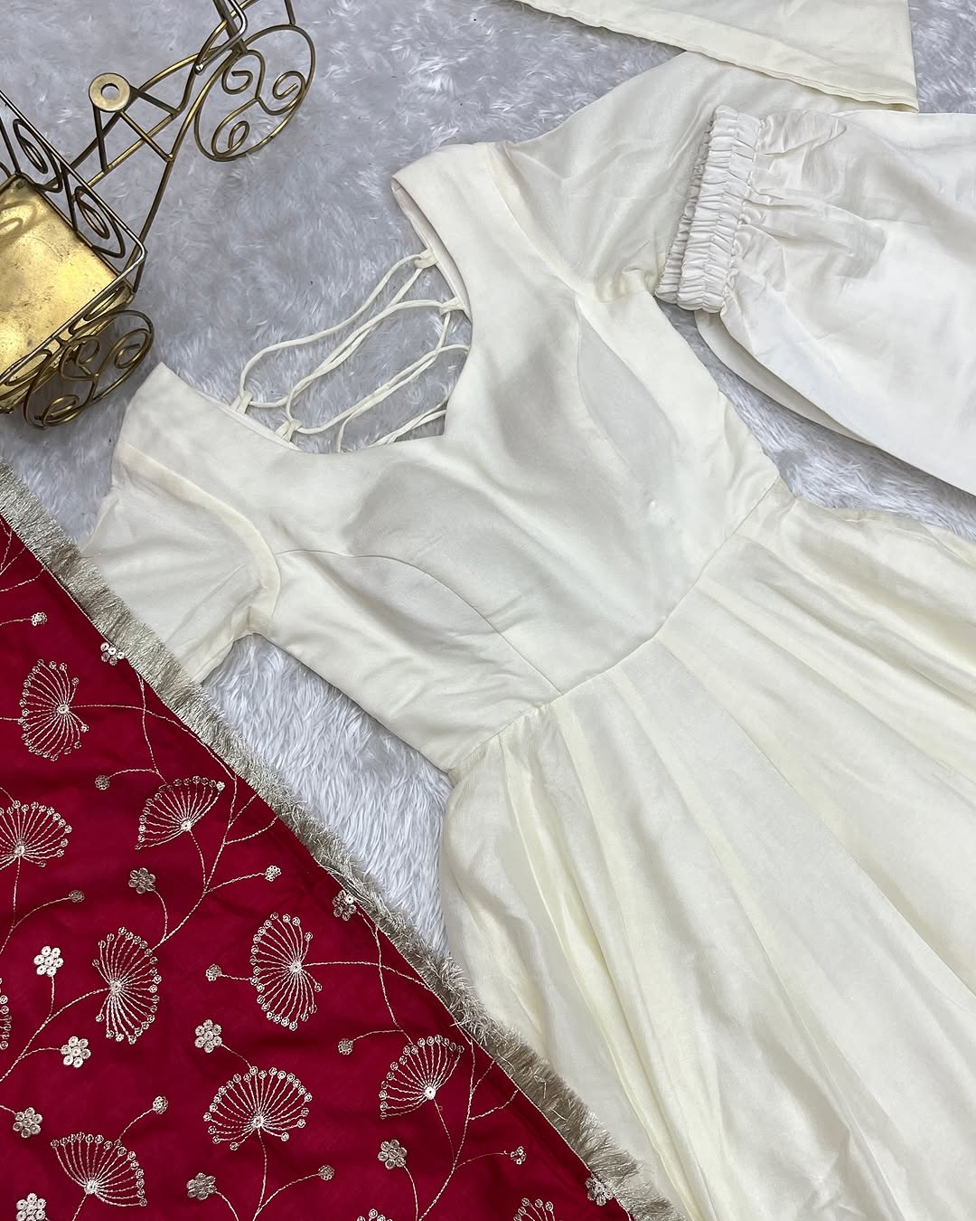 Saesha White Vichitra Silk Anarkali Gown Pink Dupatta Set