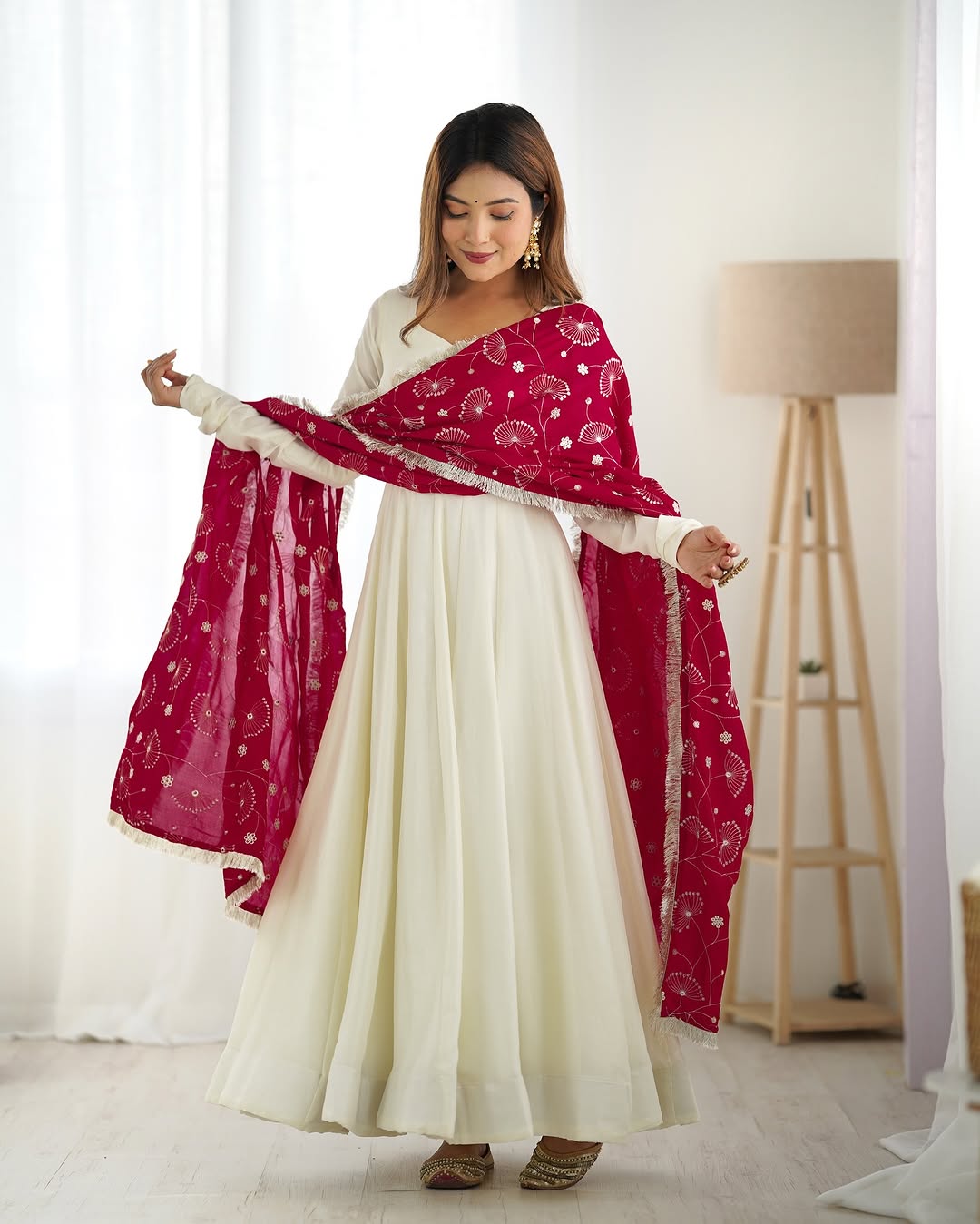 Saesha White Vichitra Silk Anarkali Gown Pink Dupatta Set