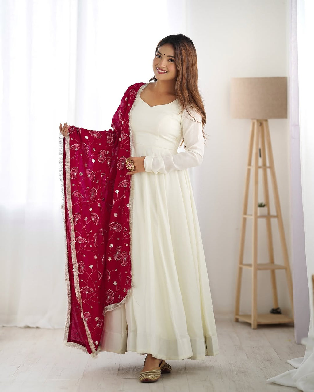 Saesha White Vichitra Silk Anarkali Gown Pink Dupatta Set