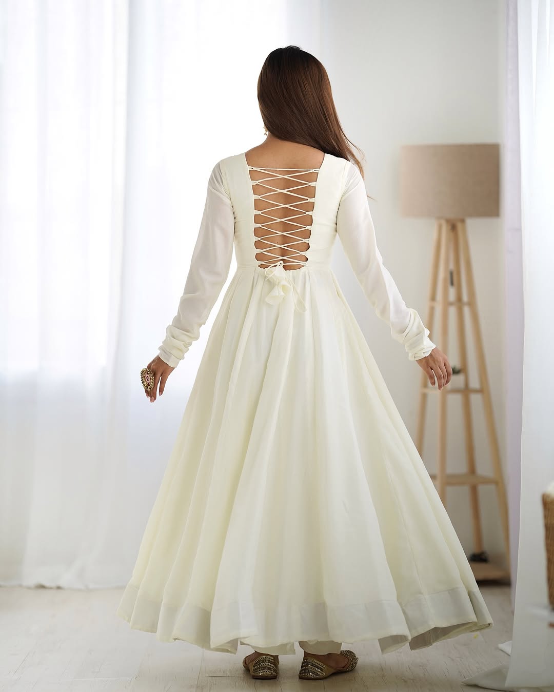 Saesha White Vichitra Silk Anarkali Gown Pink Dupatta Set