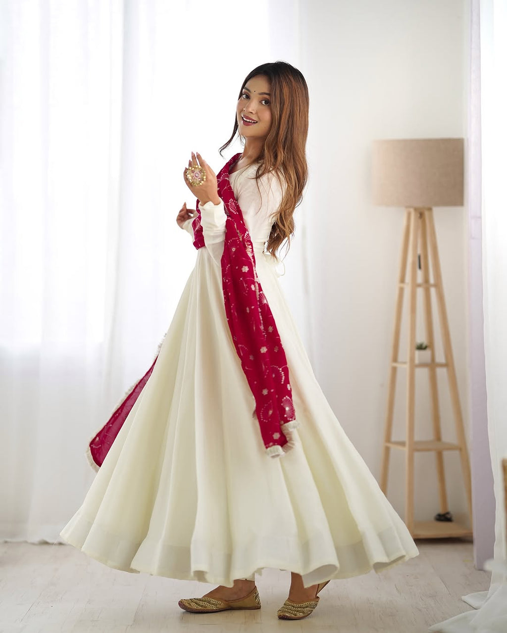 Saesha White Vichitra Silk Anarkali Gown Pink Dupatta Set