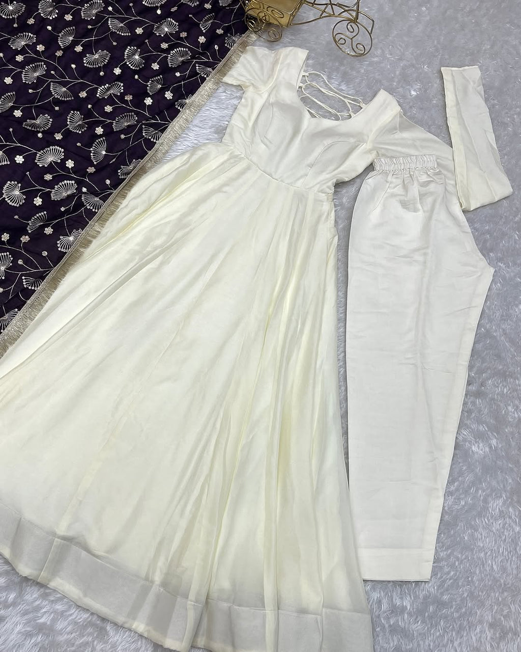 Saesha White Vichitra Silk Anarkali Gown Purple Dupatta Set