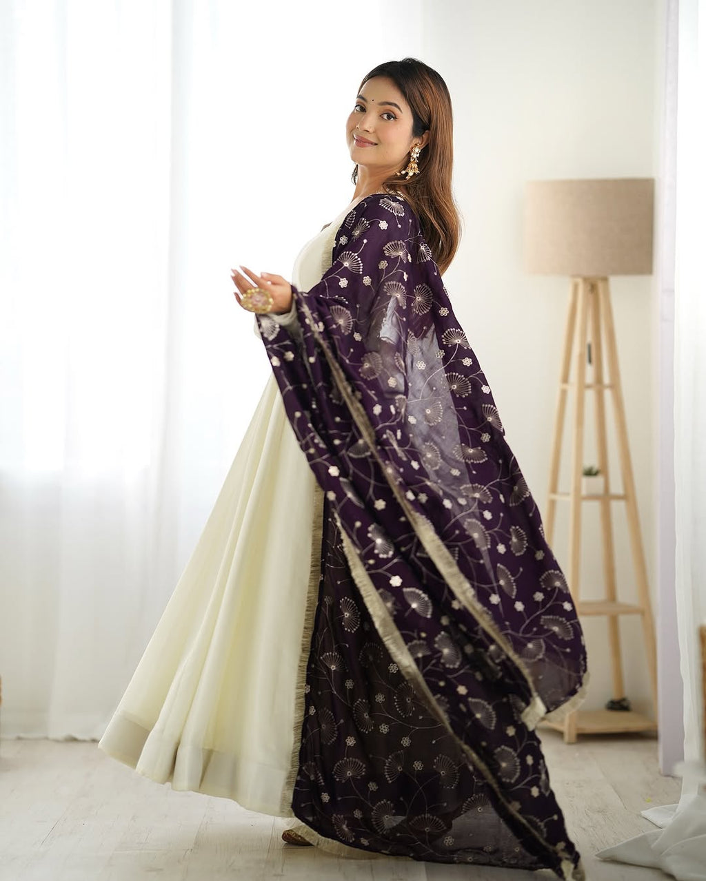 Saesha White Vichitra Silk Anarkali Gown Purple Dupatta Set