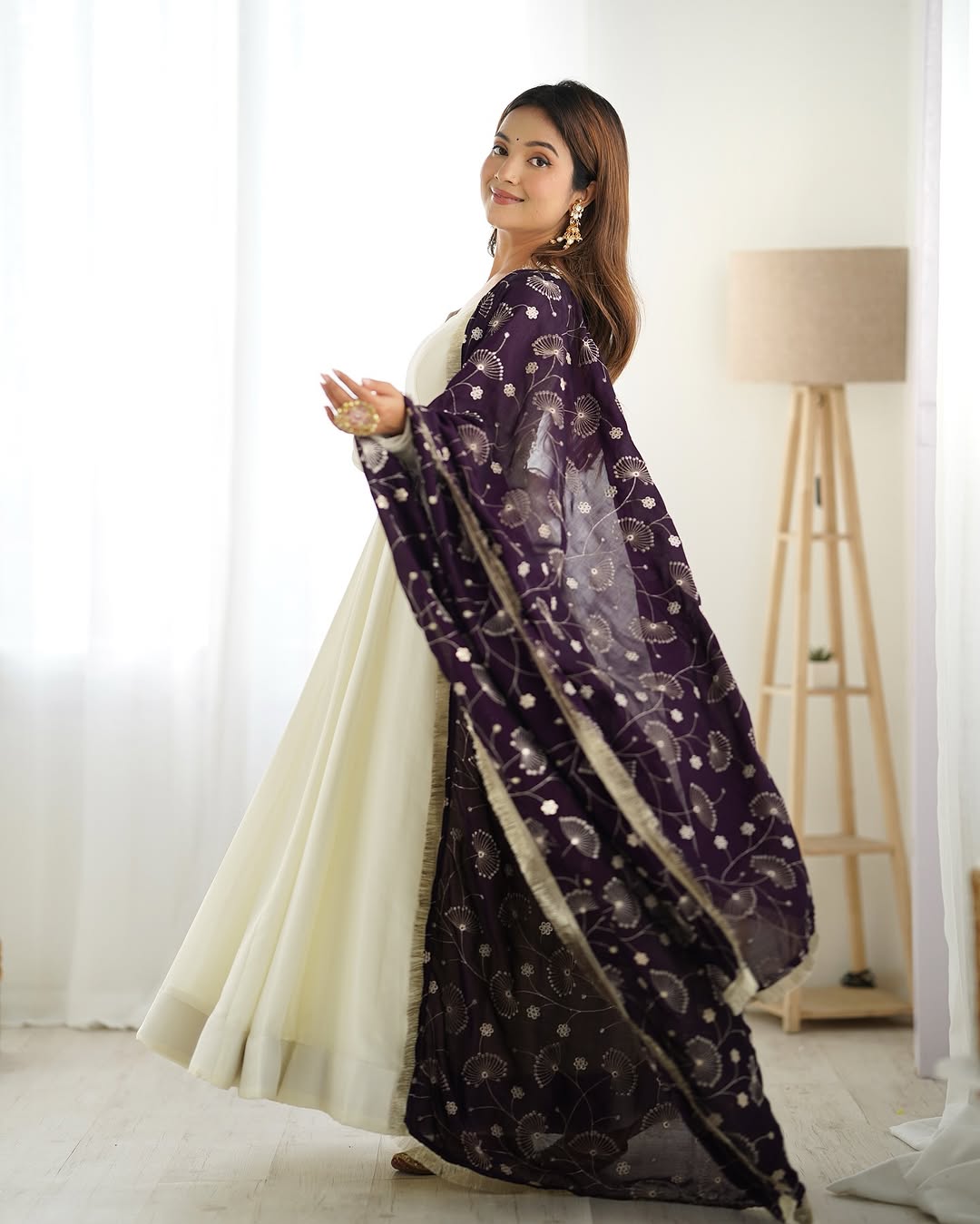 Saesha White Vichitra Silk Anarkali Gown Purple Dupatta Set