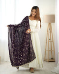 Saesha White Vichitra Silk Anarkali Gown Purple Dupatta Set