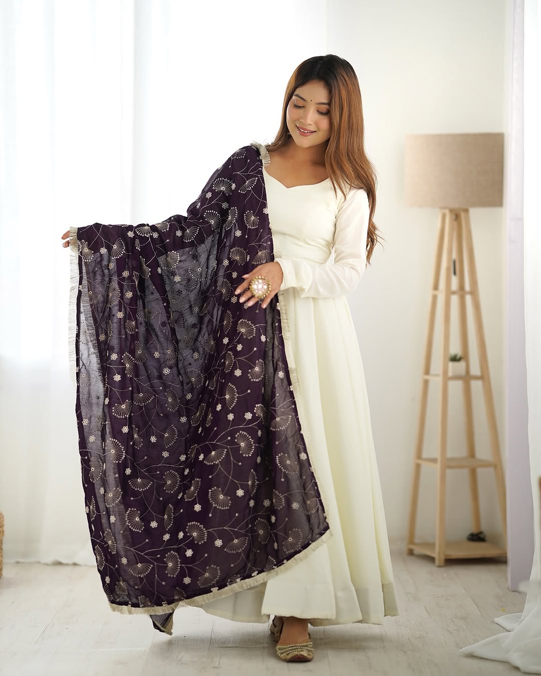 Saesha White Vichitra Silk Anarkali Gown Purple Dupatta Set