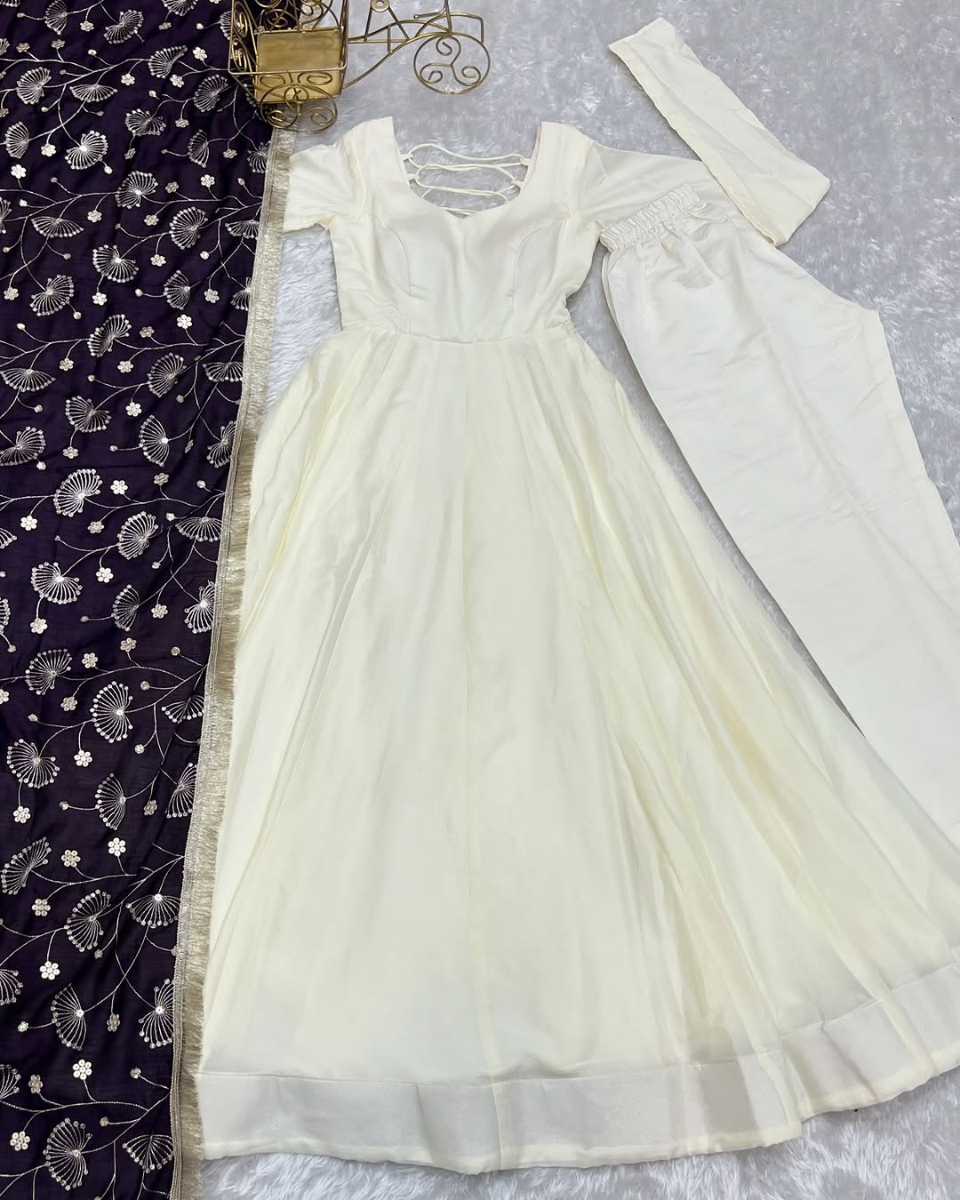 Saesha White Vichitra Silk Anarkali Gown Purple Dupatta Set