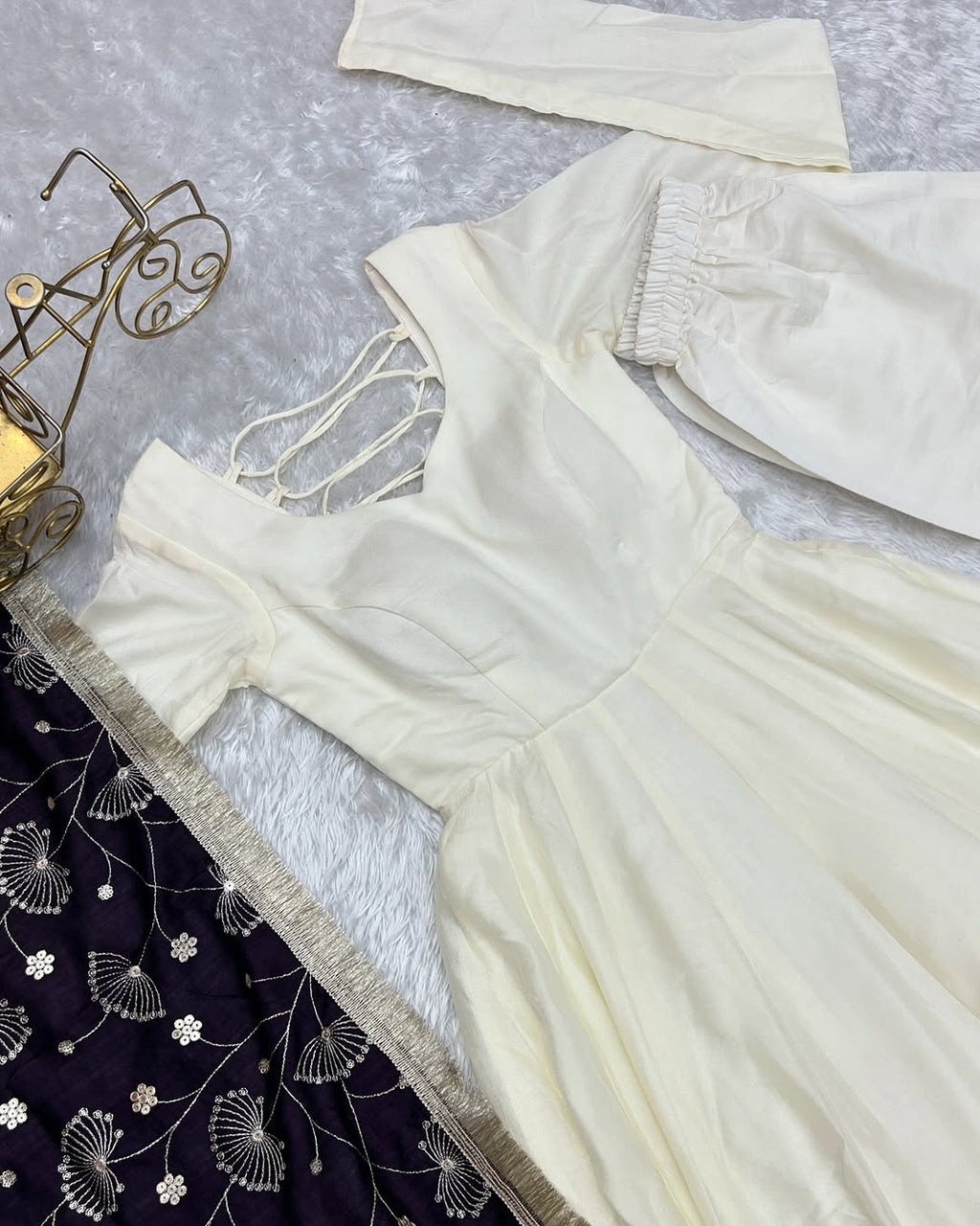 Saesha White Vichitra Silk Anarkali Gown Purple Dupatta Set