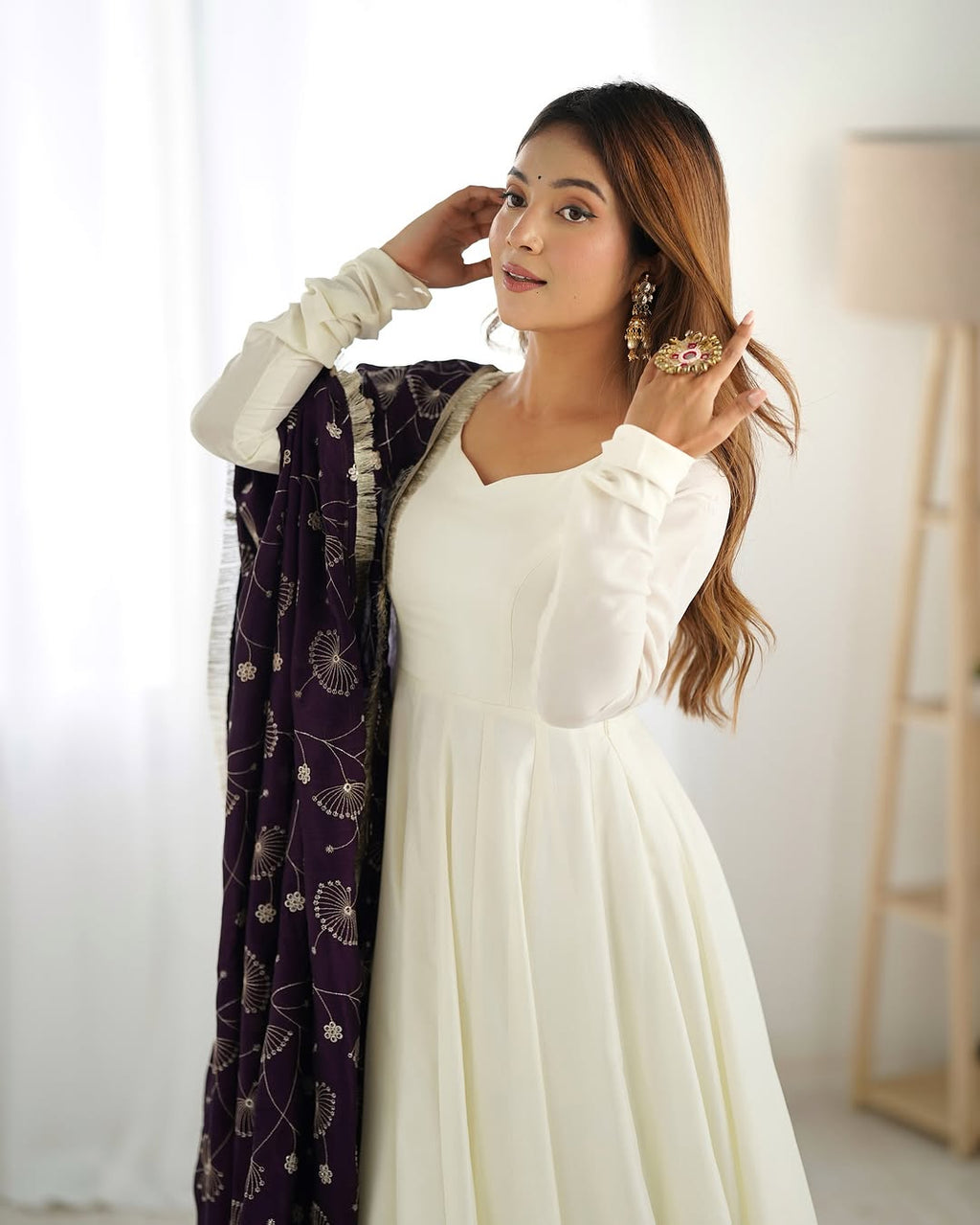 Saesha White Vichitra Silk Anarkali Gown Purple Dupatta Set