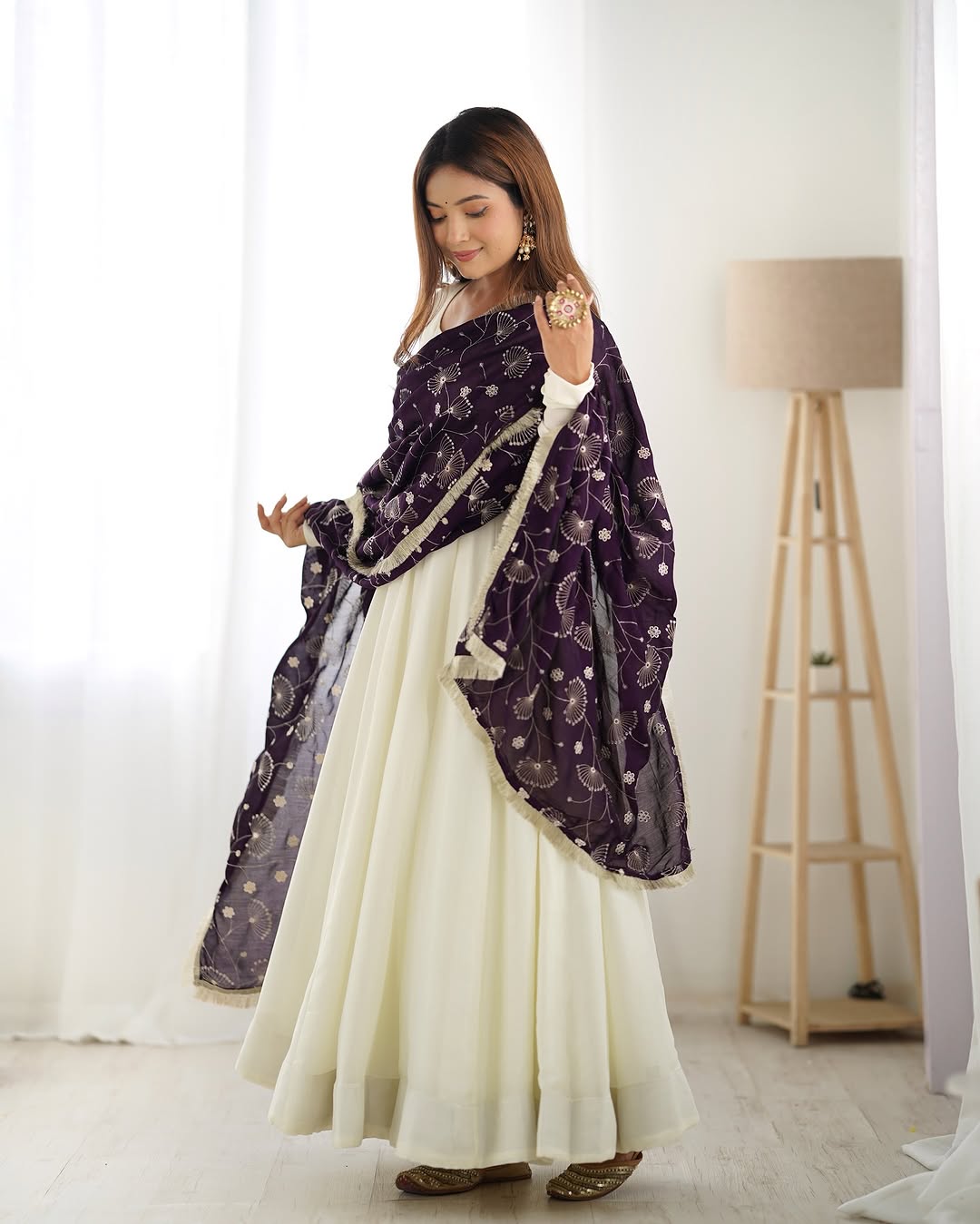 Saesha White Vichitra Silk Anarkali Gown Purple Dupatta Set
