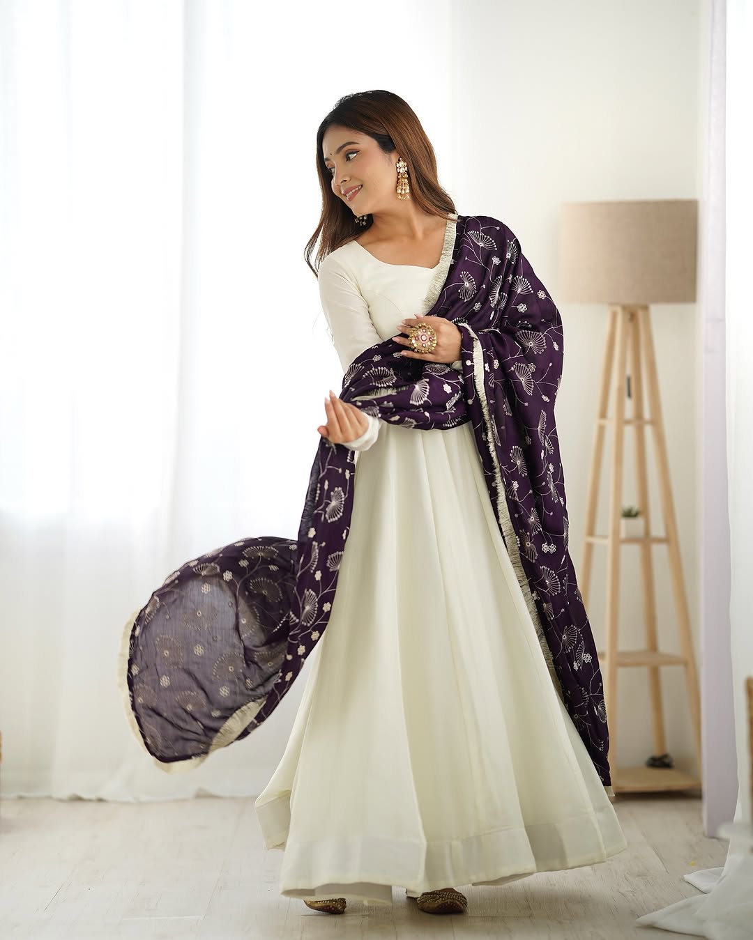 Saesha White Vichitra Silk Anarkali Gown Purple Dupatta Set