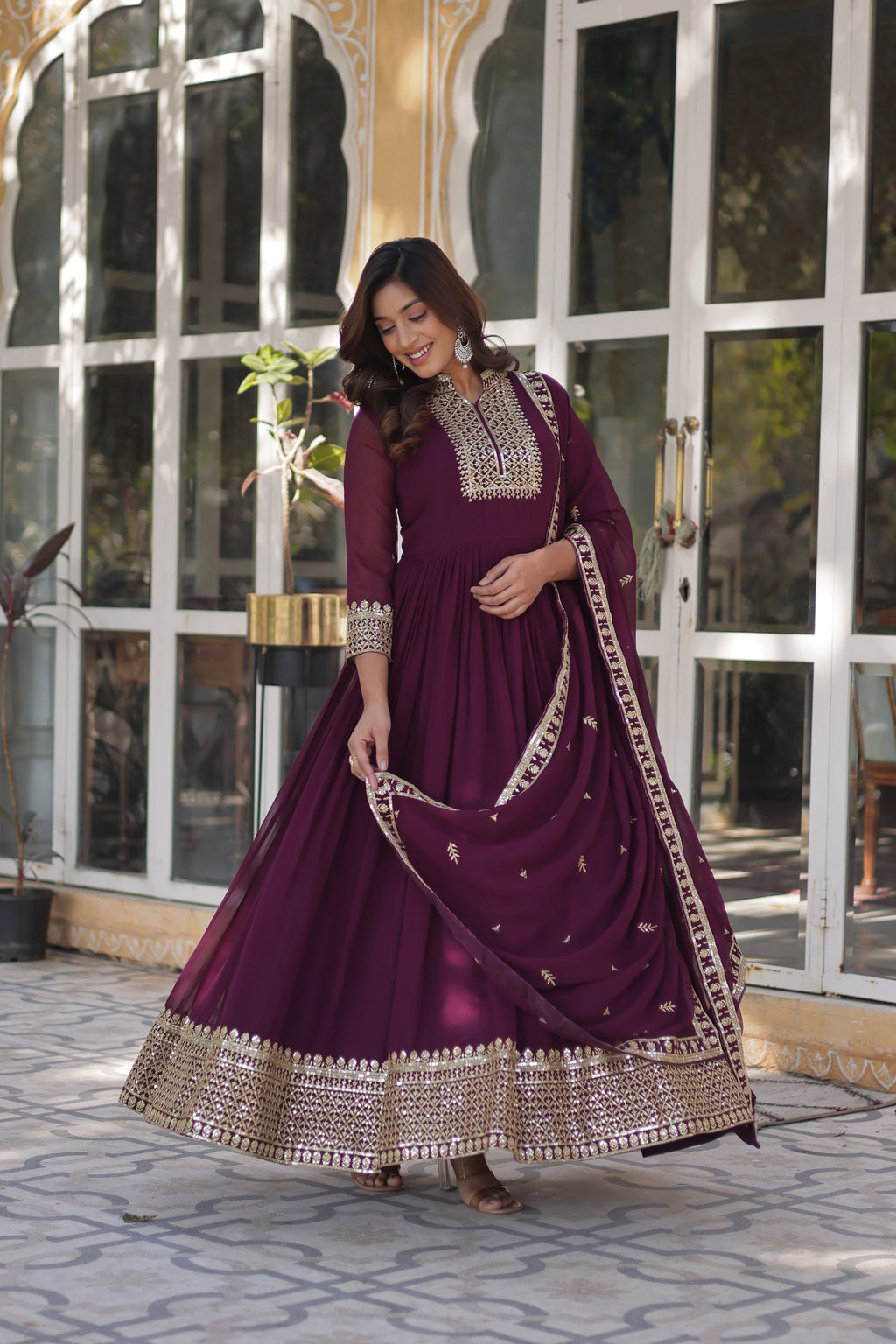 Sahasra Wine Georgette Embroidered Gown Set