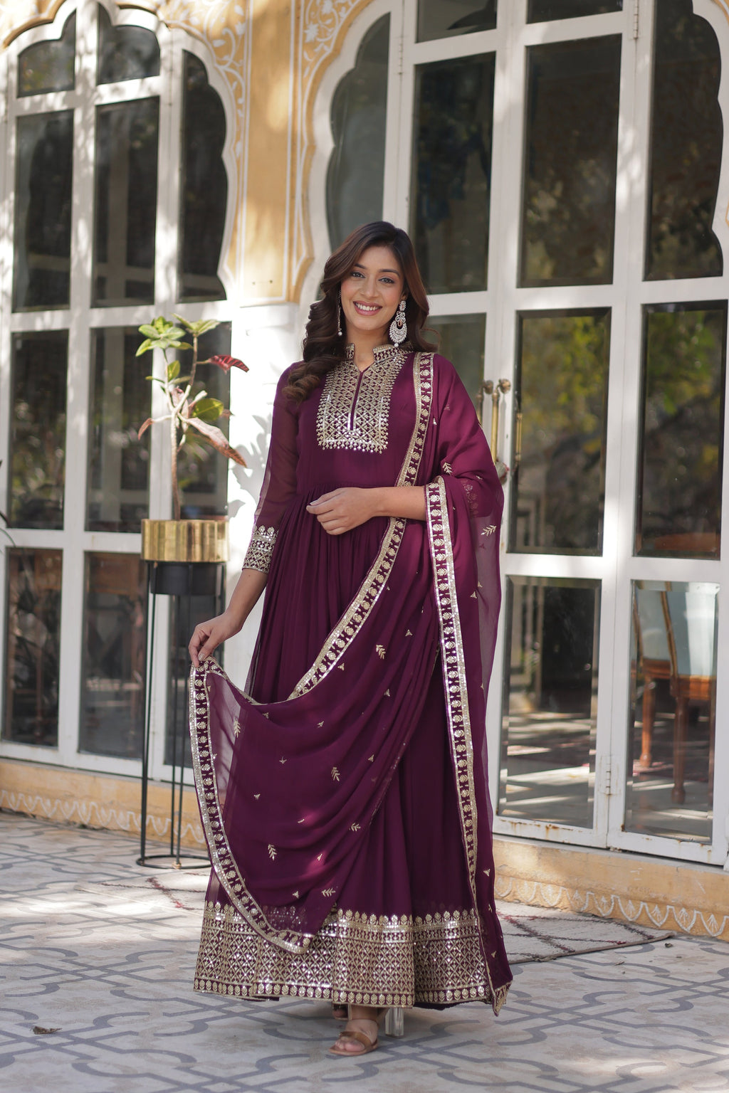 Sahasra Wine Georgette Embroidered Gown Set