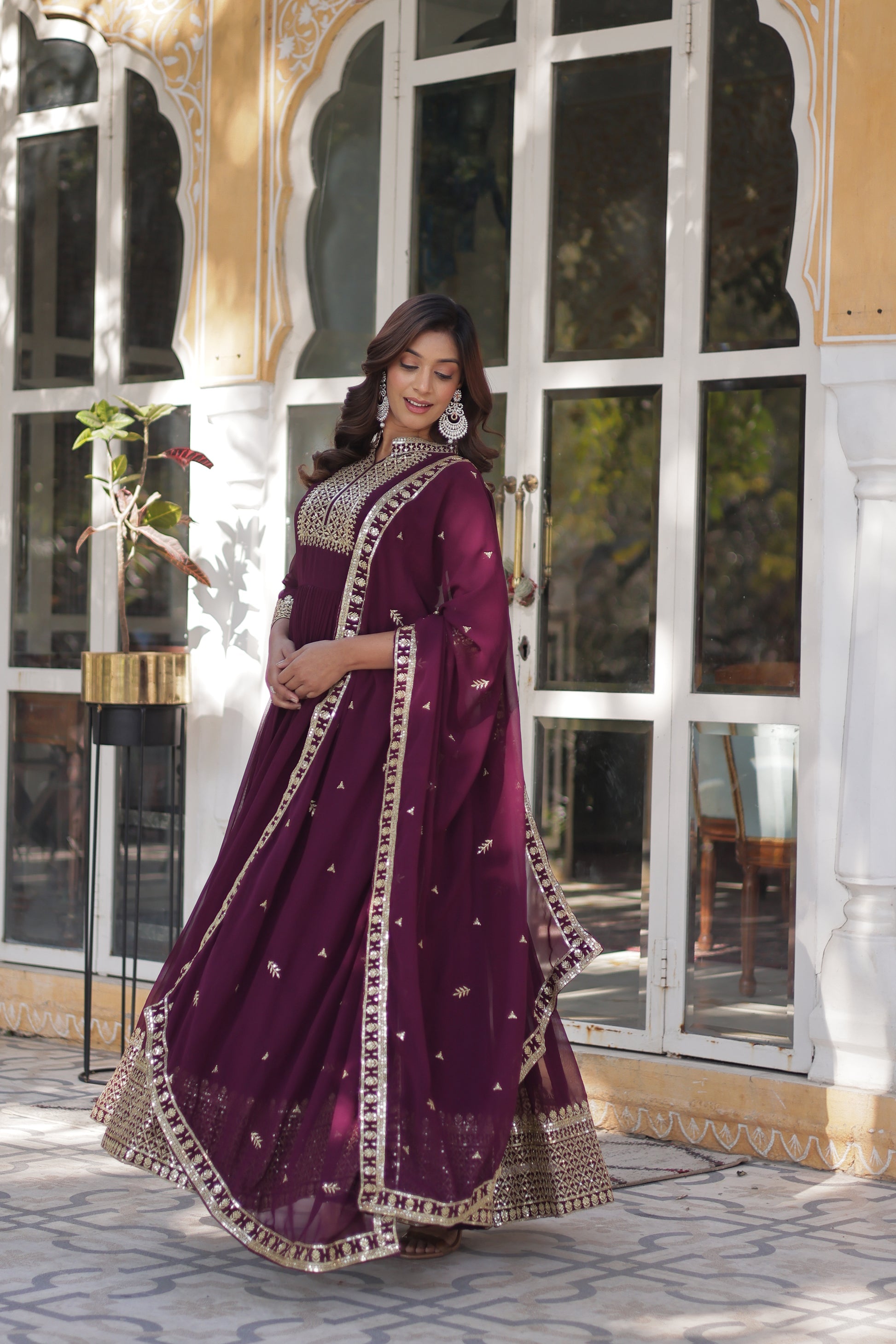 Sahasra Wine Georgette Embroidered Gown Set