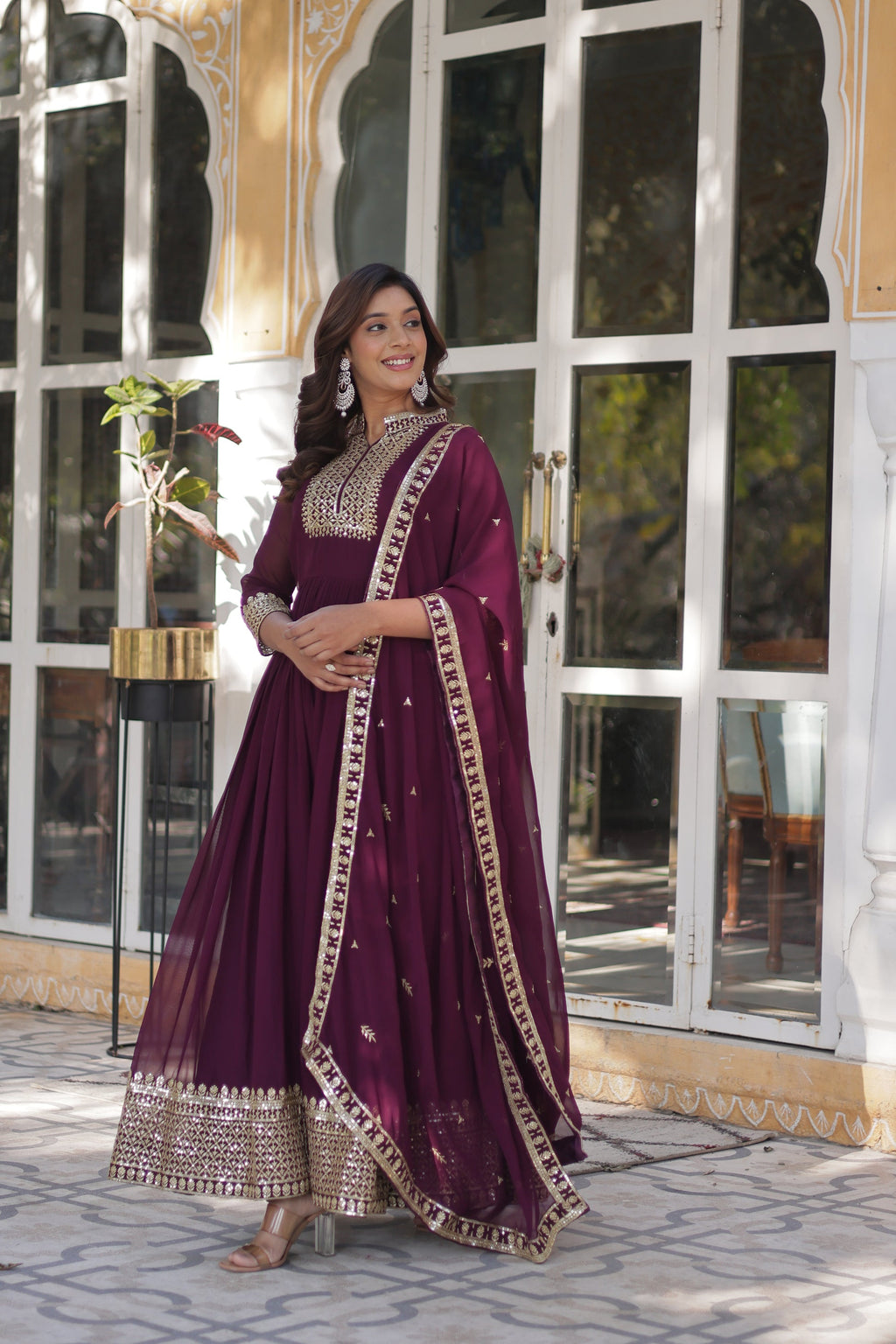 Sahasra Wine Georgette Embroidered Gown Set