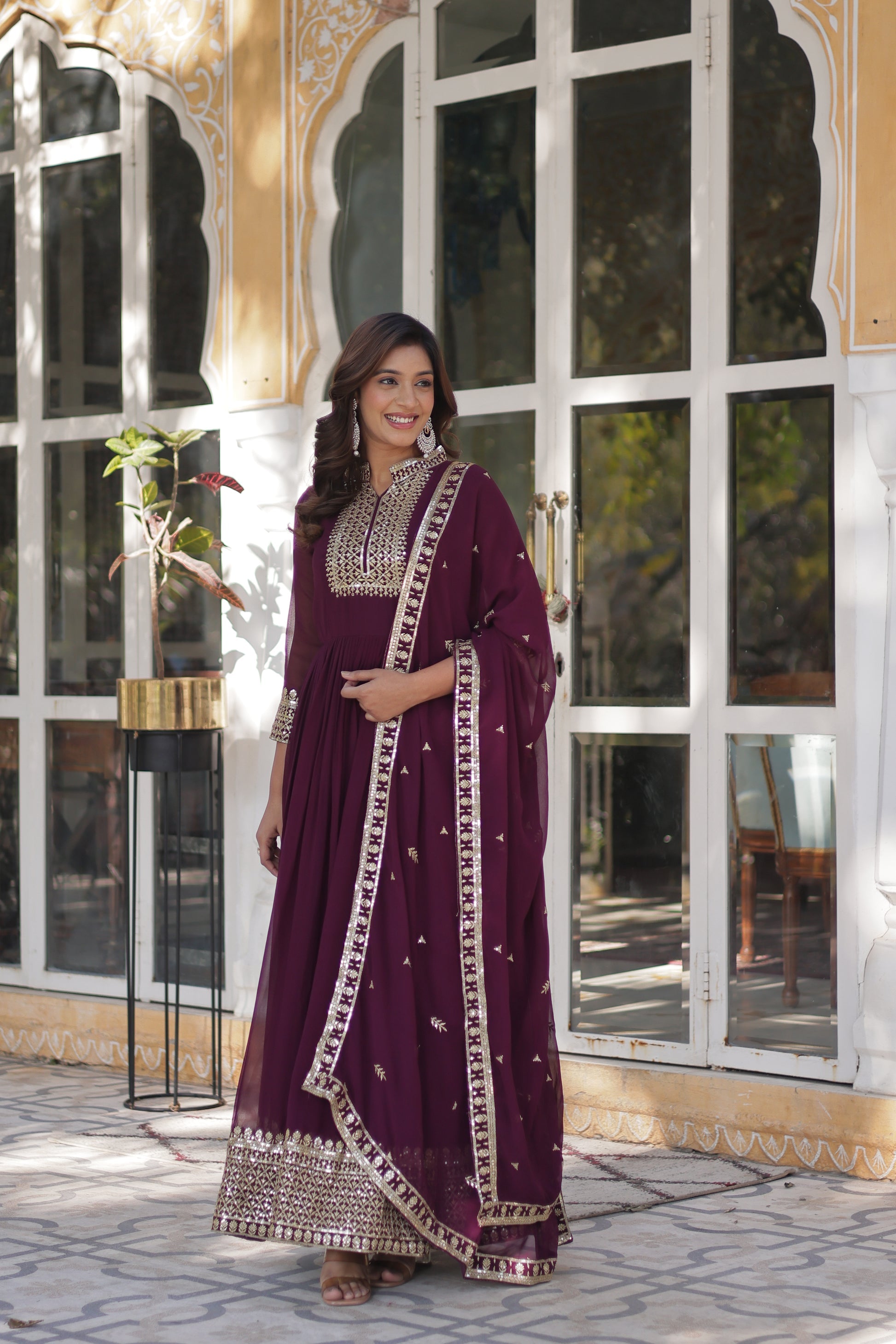 Sahasra Wine Georgette Embroidered Gown Set