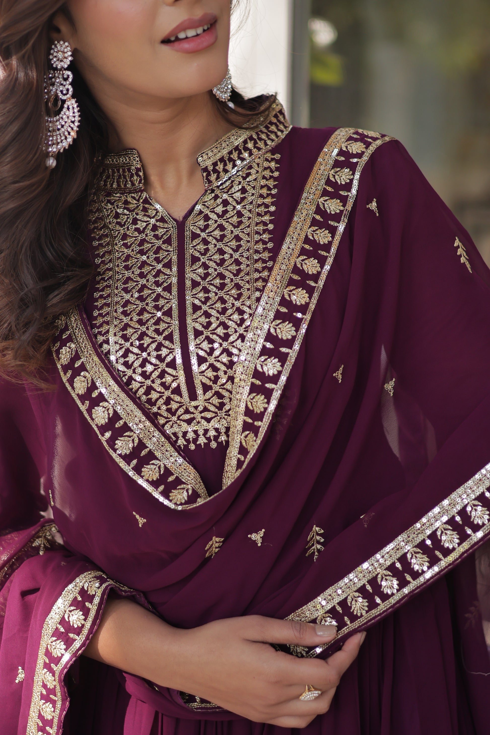 Sahasra Wine Georgette Embroidered Gown Set