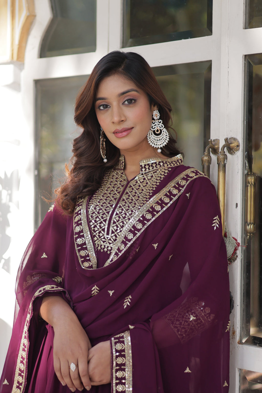 Sahasra Wine Georgette Embroidered Gown Set