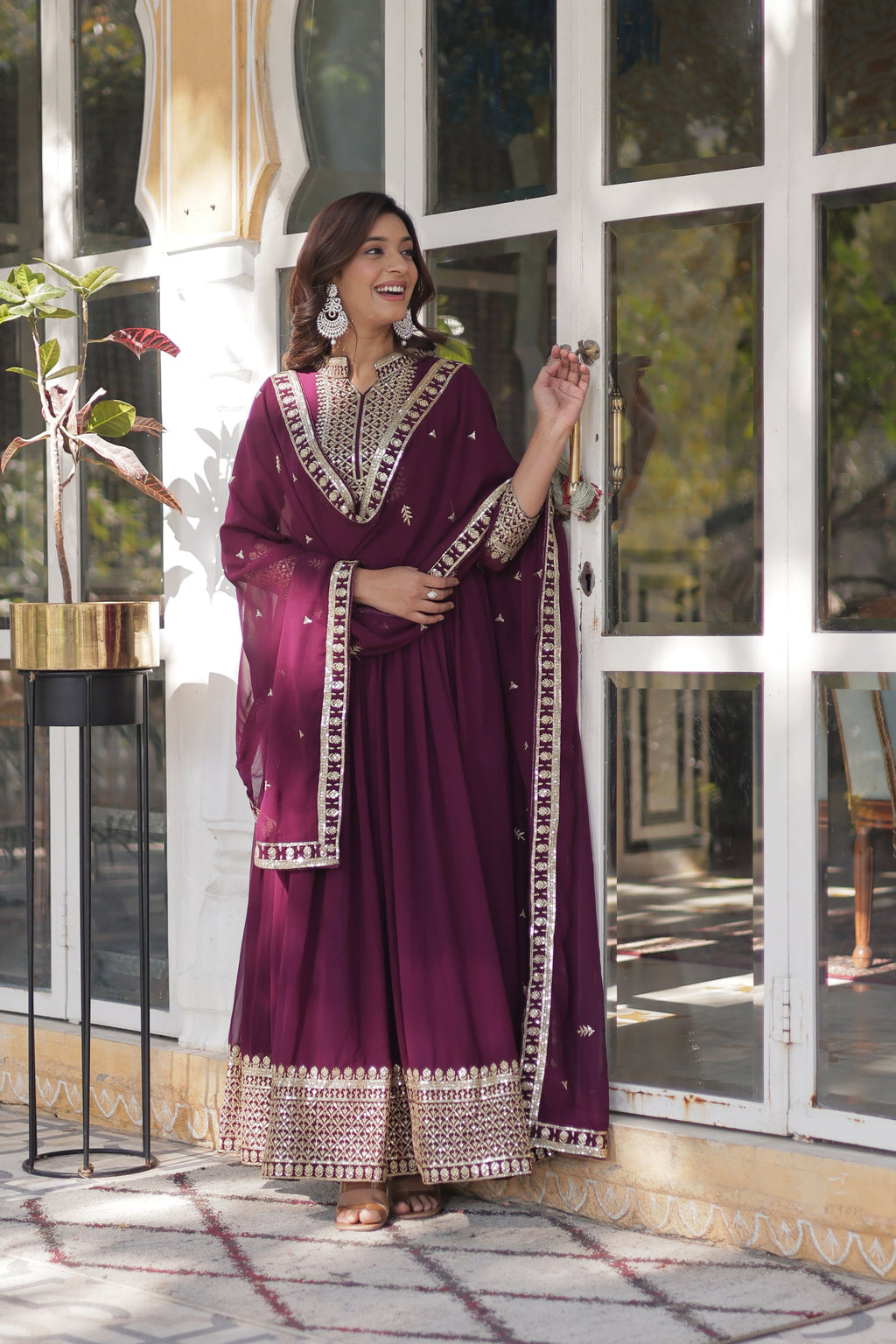 Sahasra Wine Georgette Embroidered Gown Set