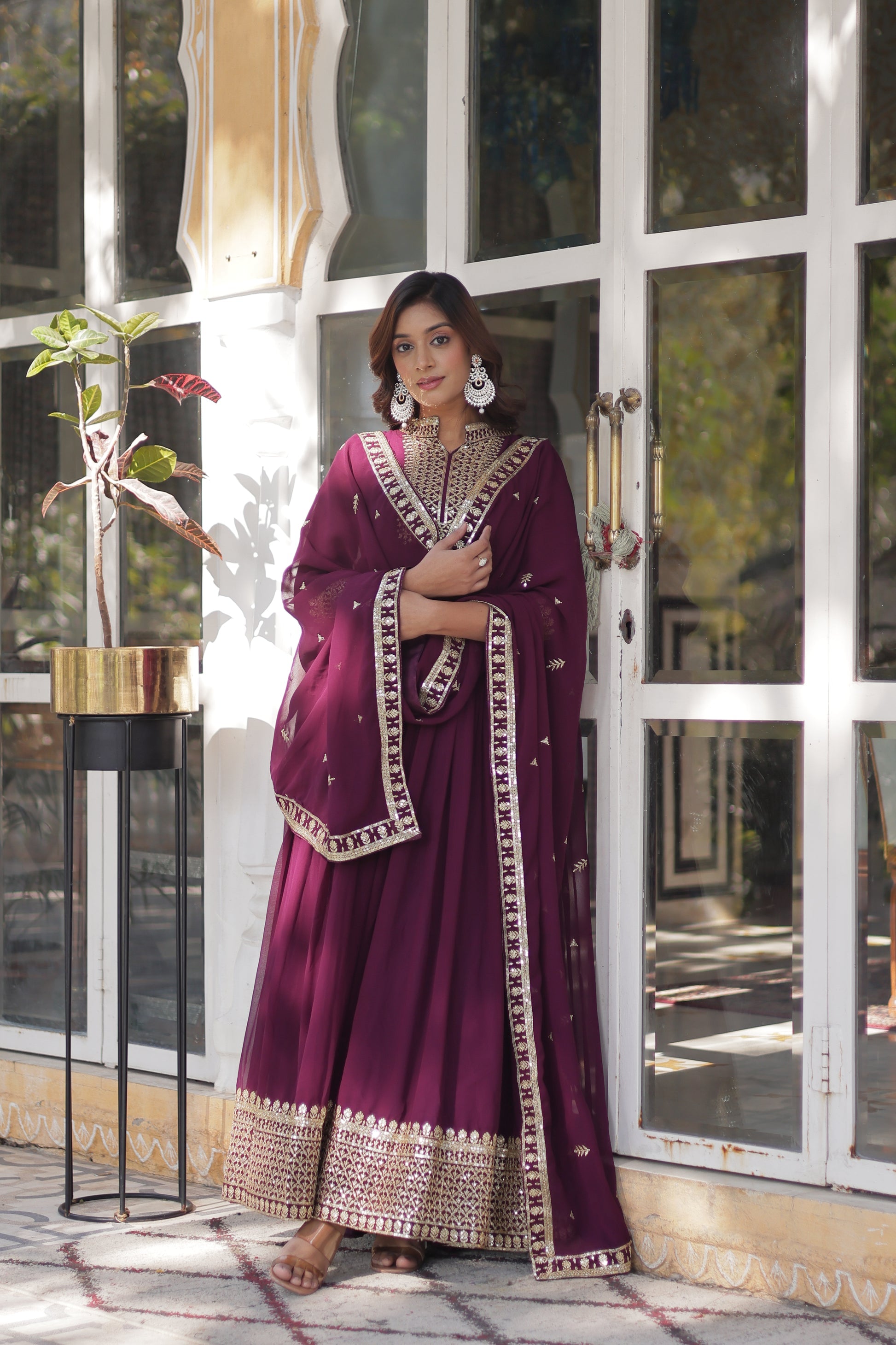 Sahasra Wine Georgette Embroidered Gown Set