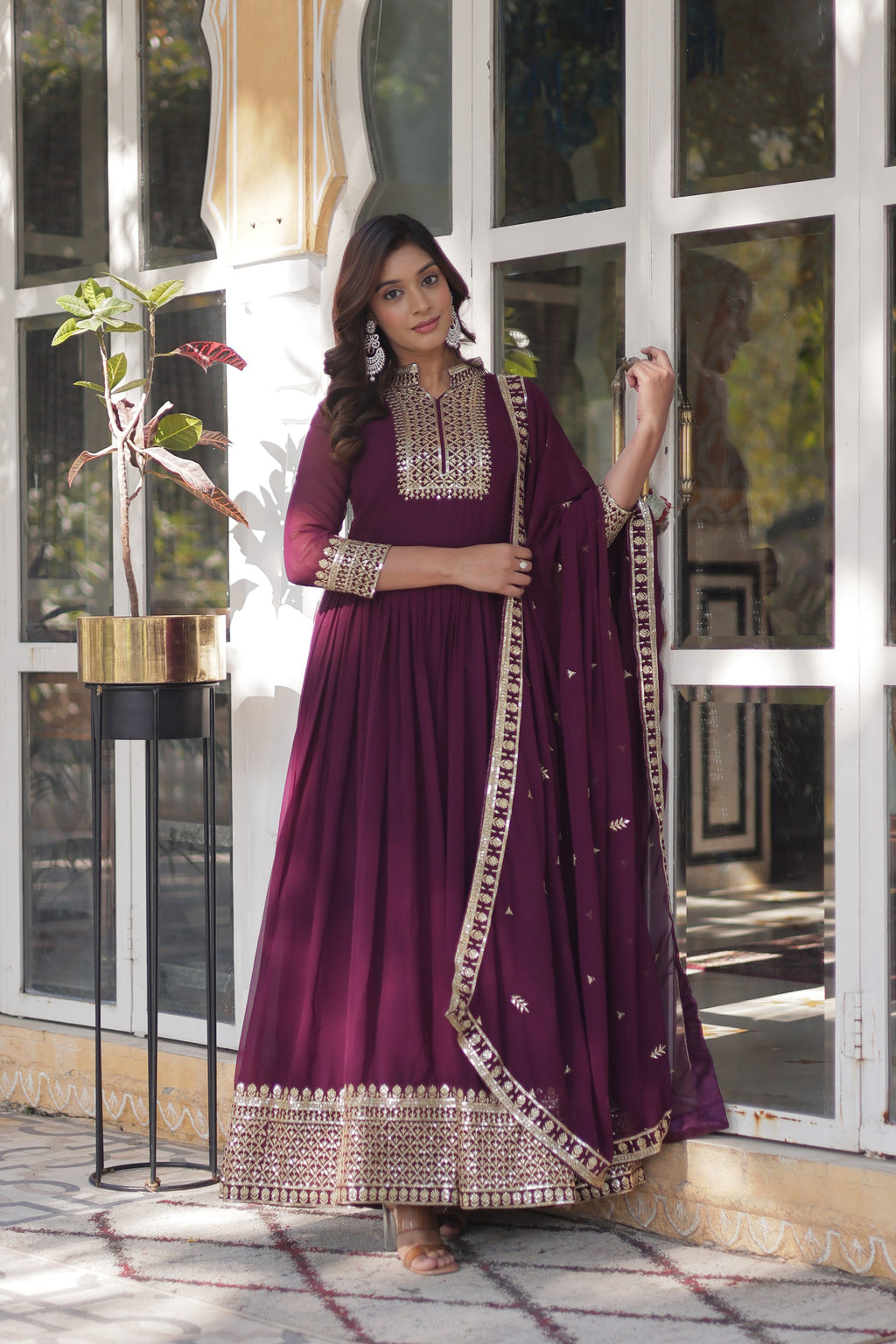 Sahasra Wine Georgette Embroidered Gown Set