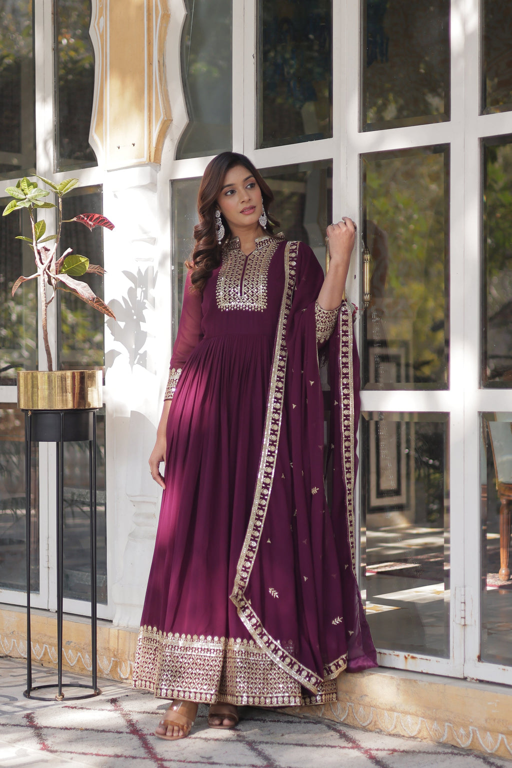 Sahasra Wine Georgette Embroidered Gown Set
