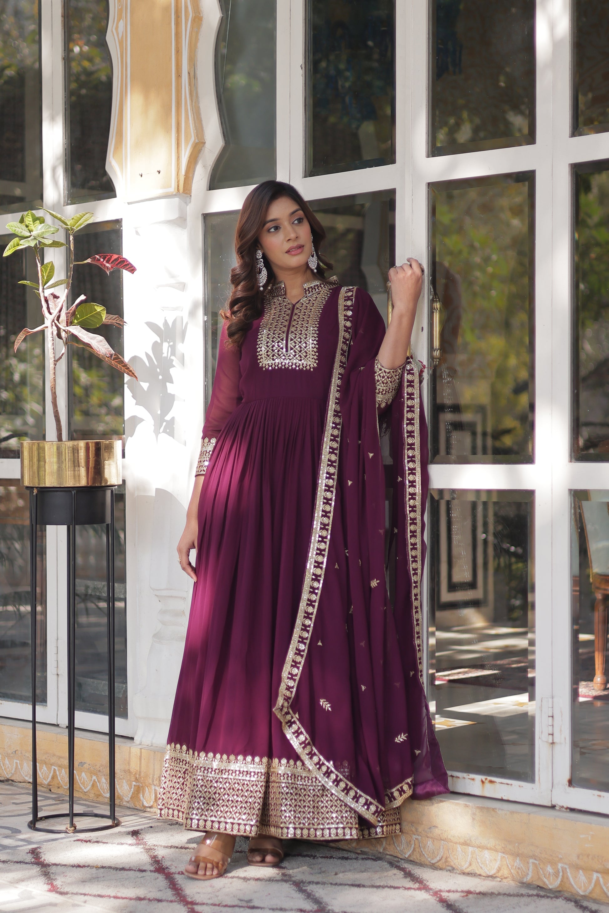 Sahasra Wine Georgette Embroidered Gown Set