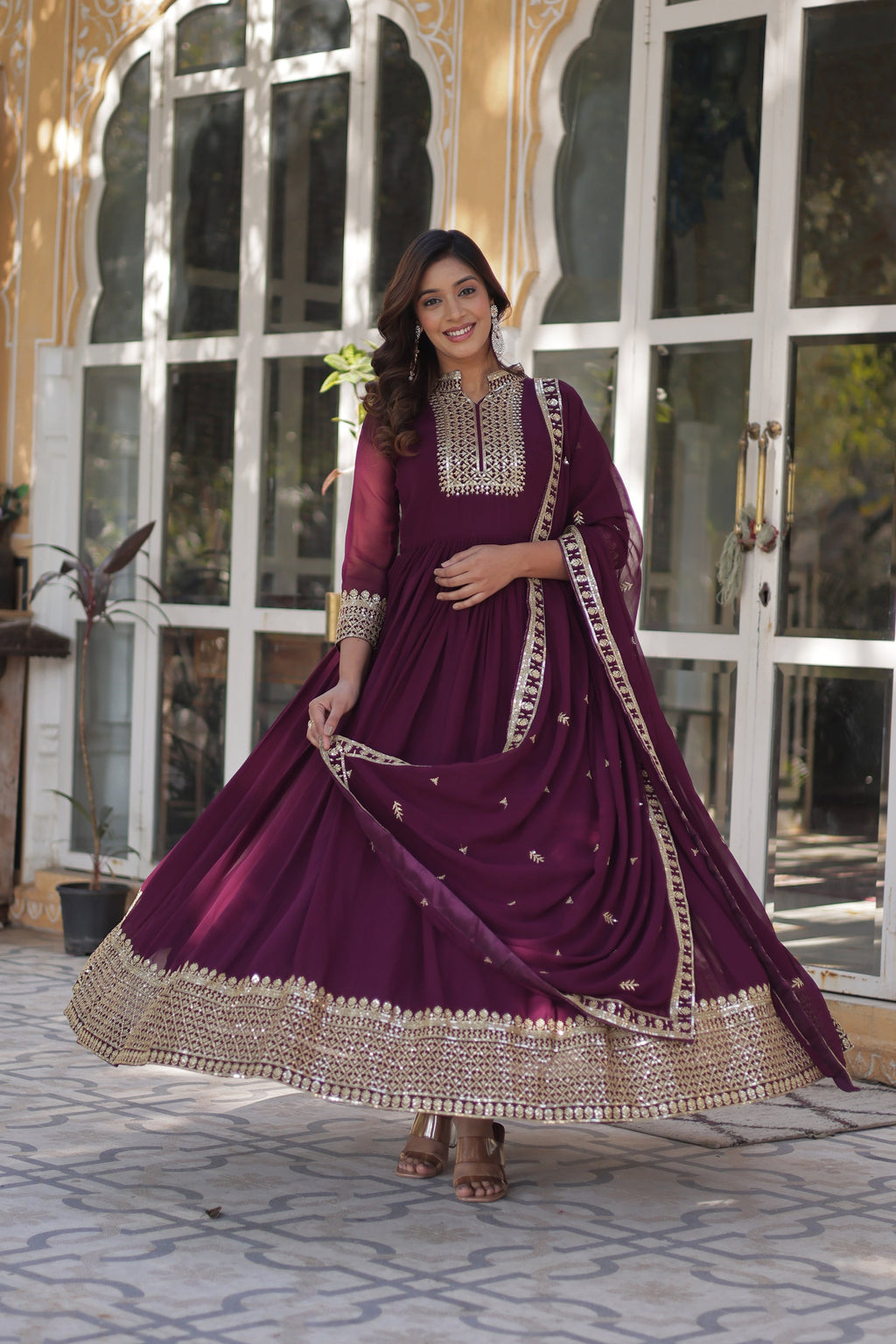 Sahasra Wine Georgette Embroidered Gown Set