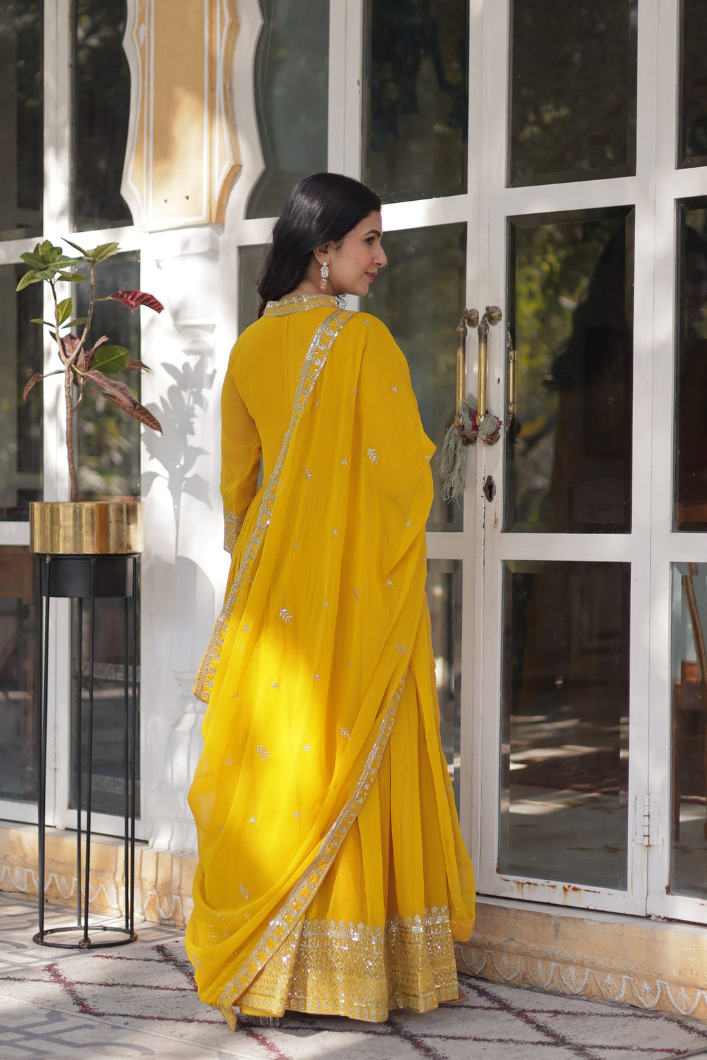 Sahasra Soft Georgette Embroidered Yellow Gown Set