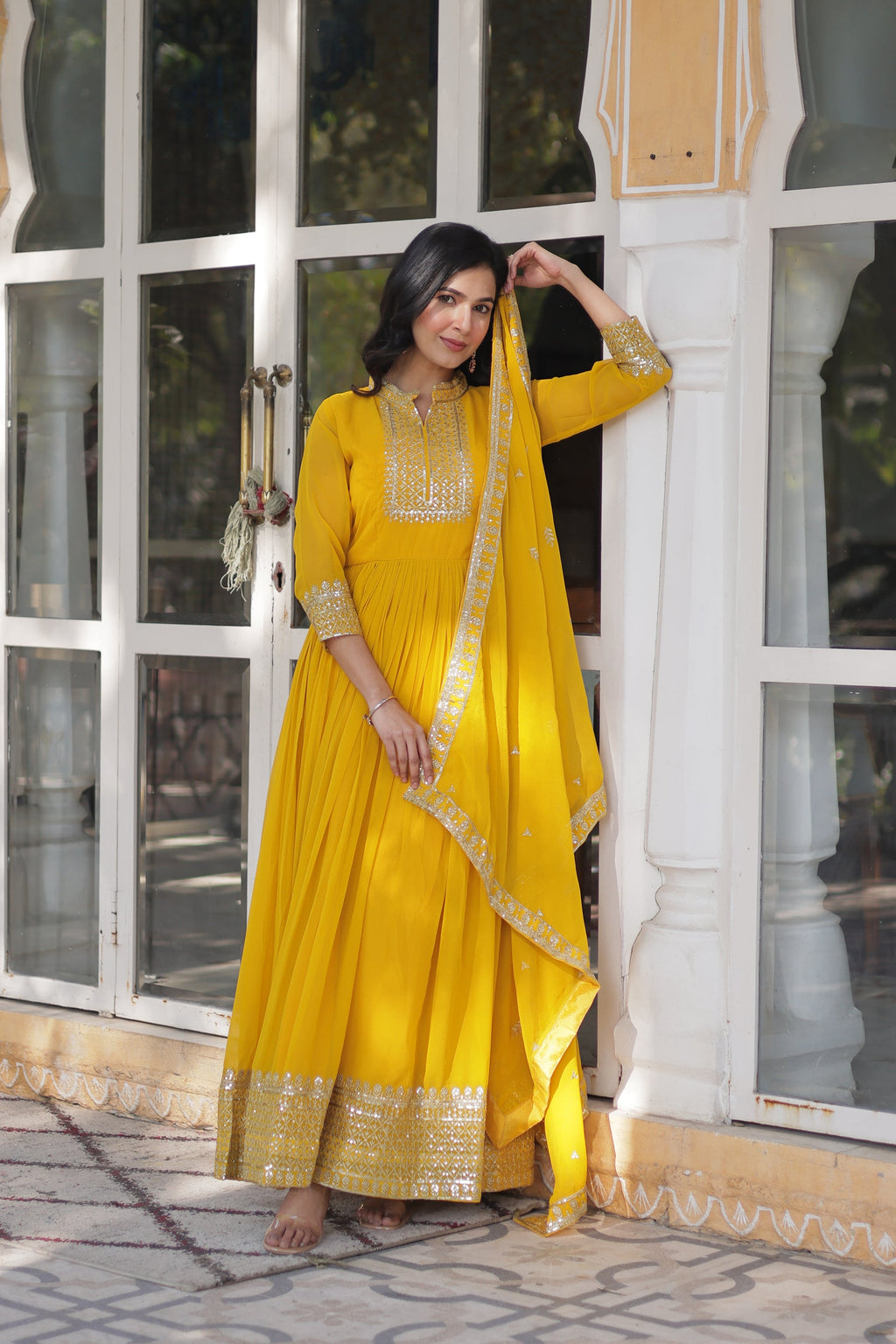 Sahasra Soft Georgette Embroidered Yellow Gown Set
