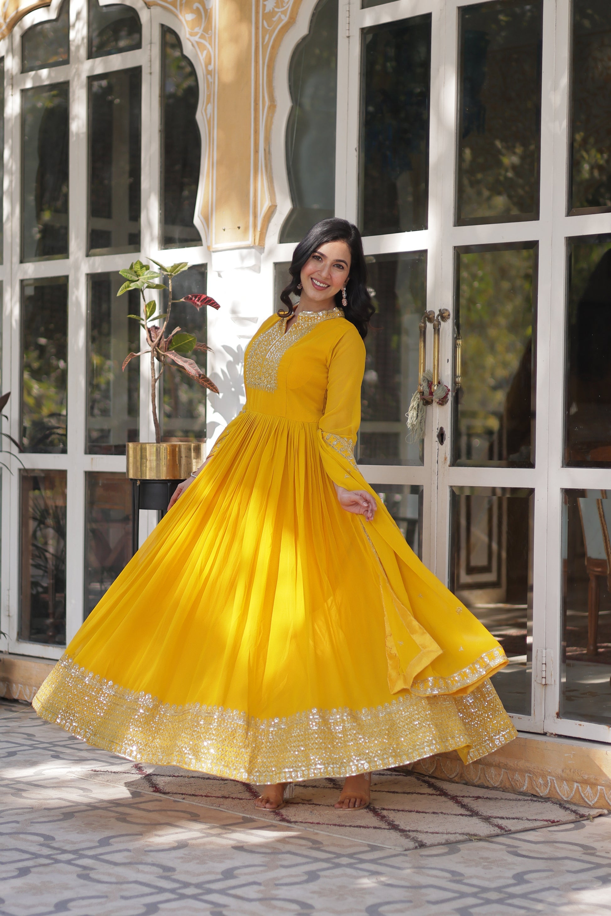 Sahasra Soft Georgette Embroidered Yellow Gown Set