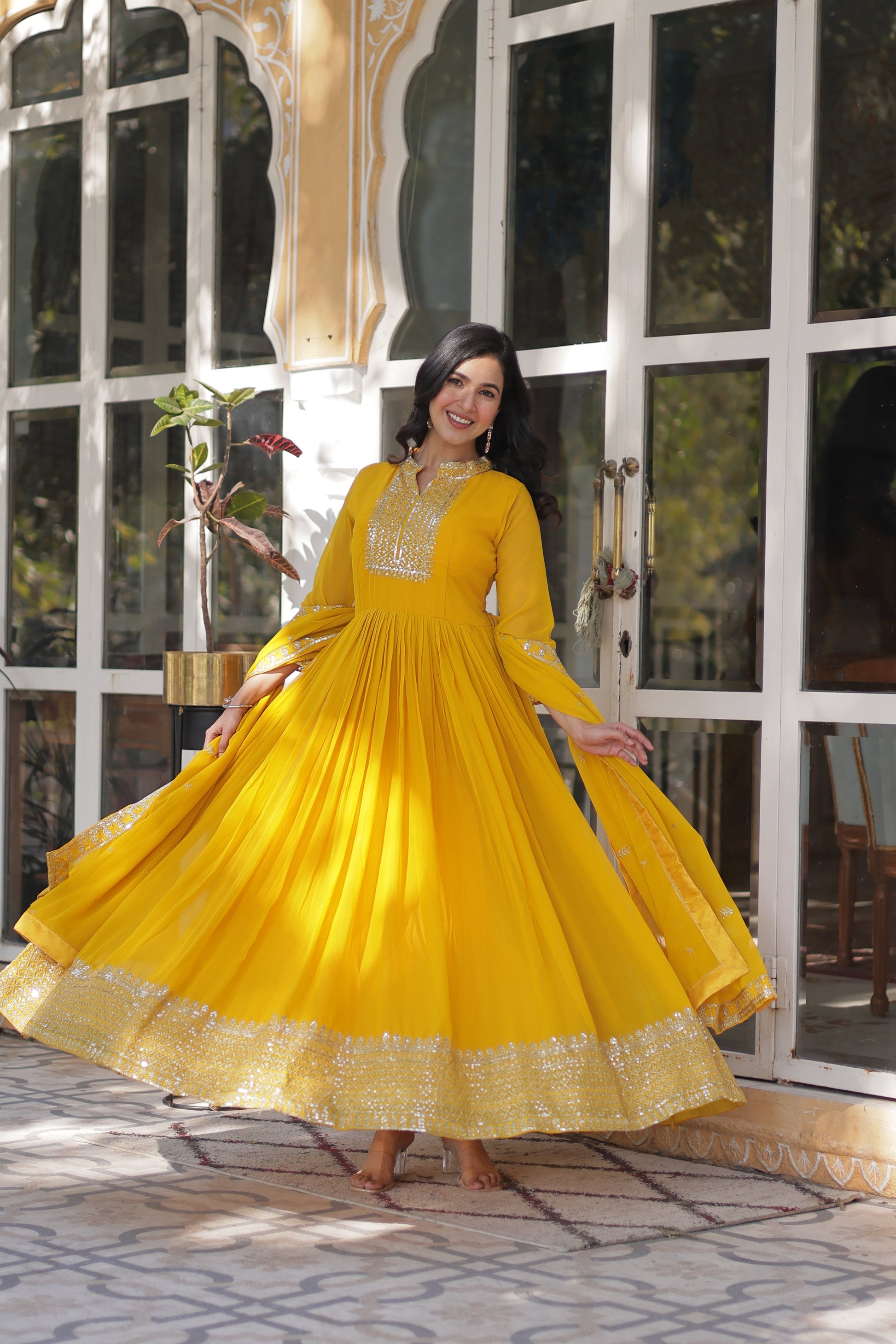 Sahasra Soft Georgette Embroidered Yellow Gown Set