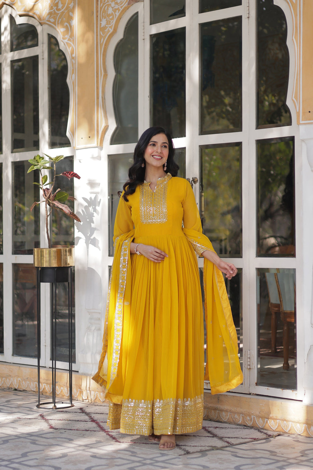 Sahasra Soft Georgette Embroidered Yellow Gown Set