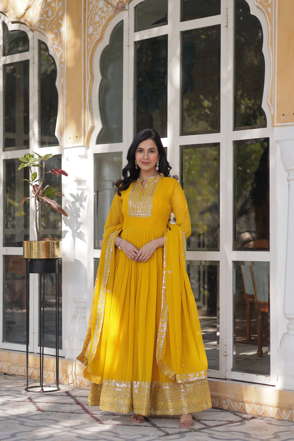 Sahasra Soft Georgette Embroidered Yellow Gown Set