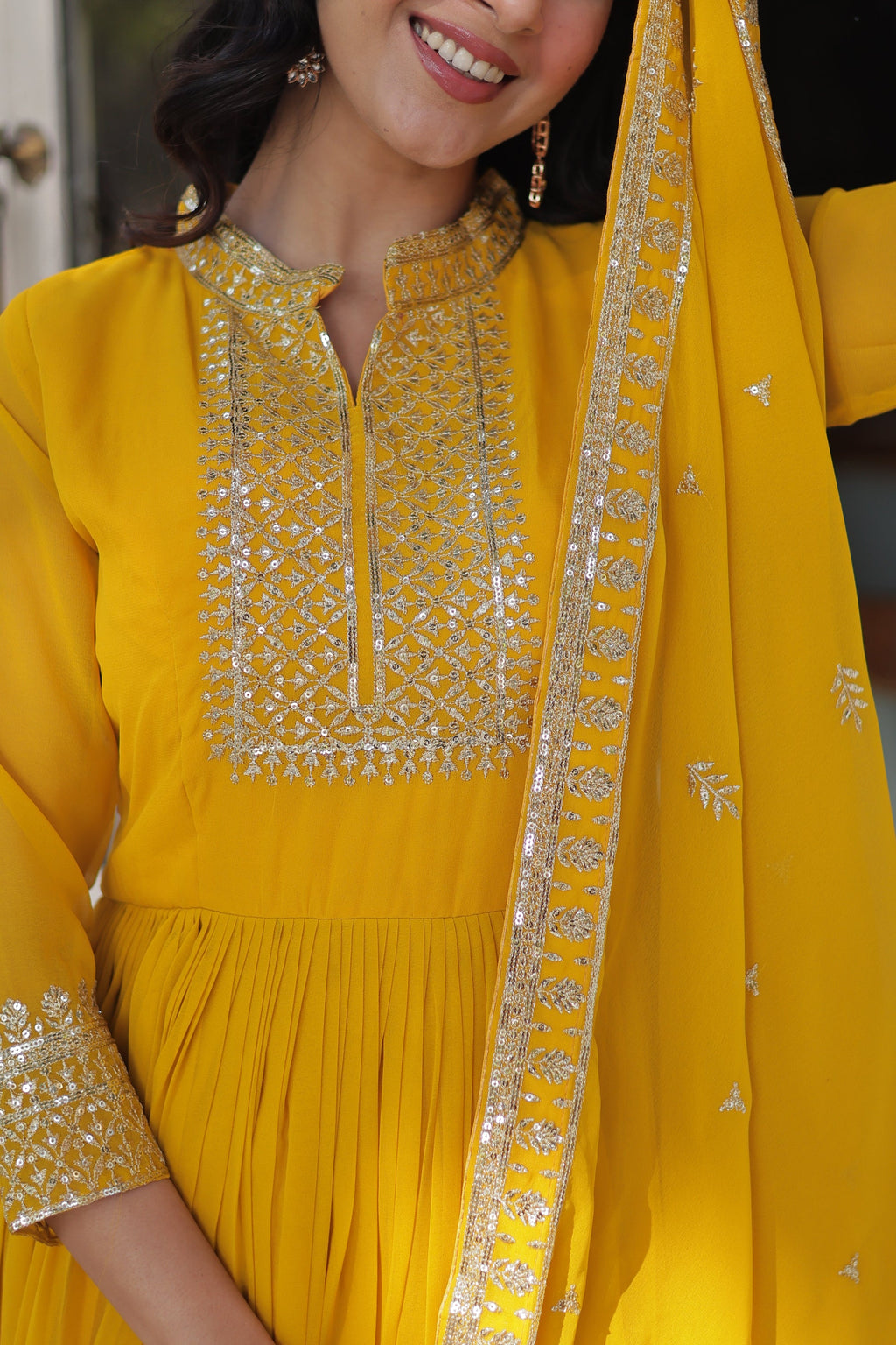 Sahasra Soft Georgette Embroidered Yellow Gown Set