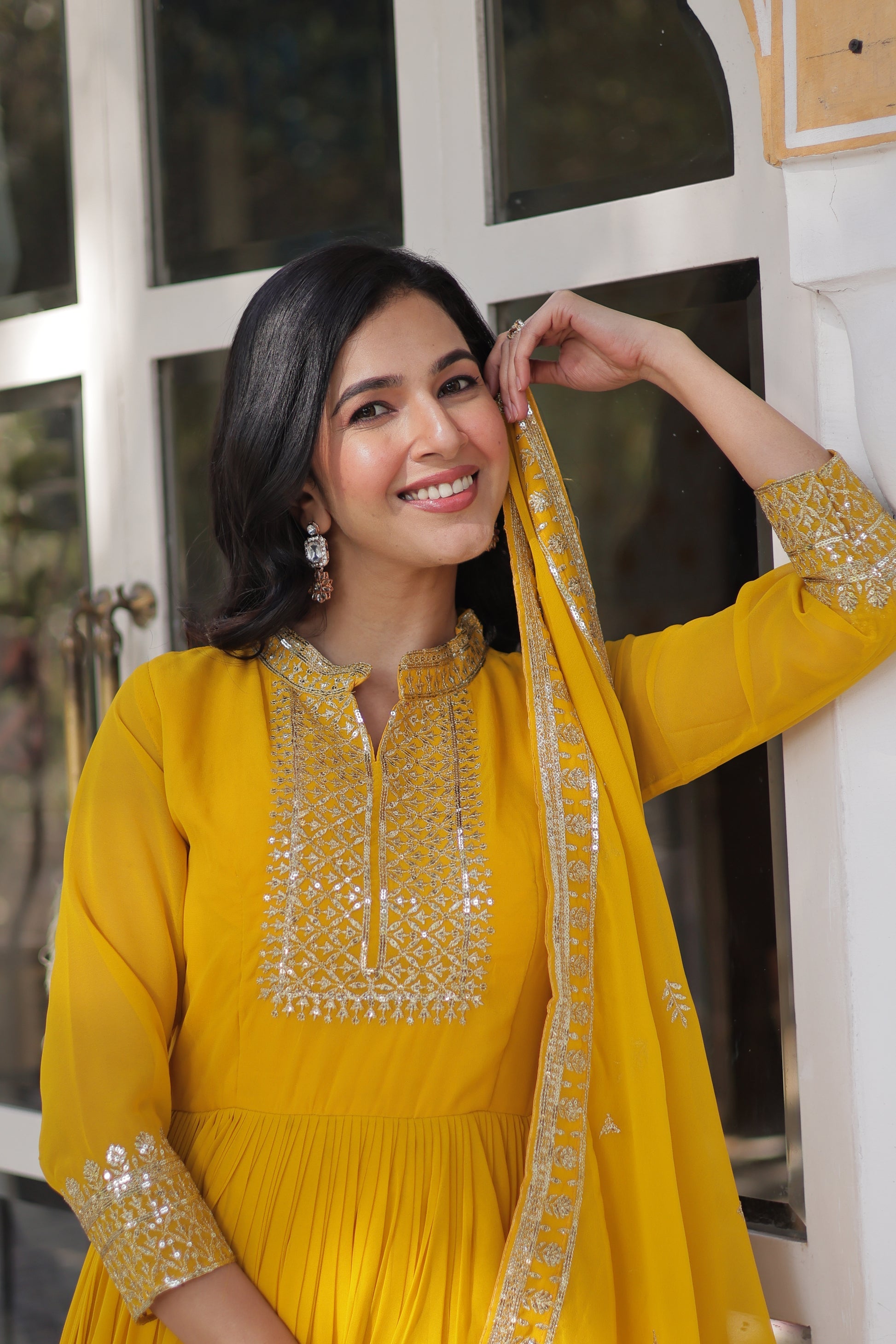 Sahasra Soft Georgette Embroidered Yellow Gown Set