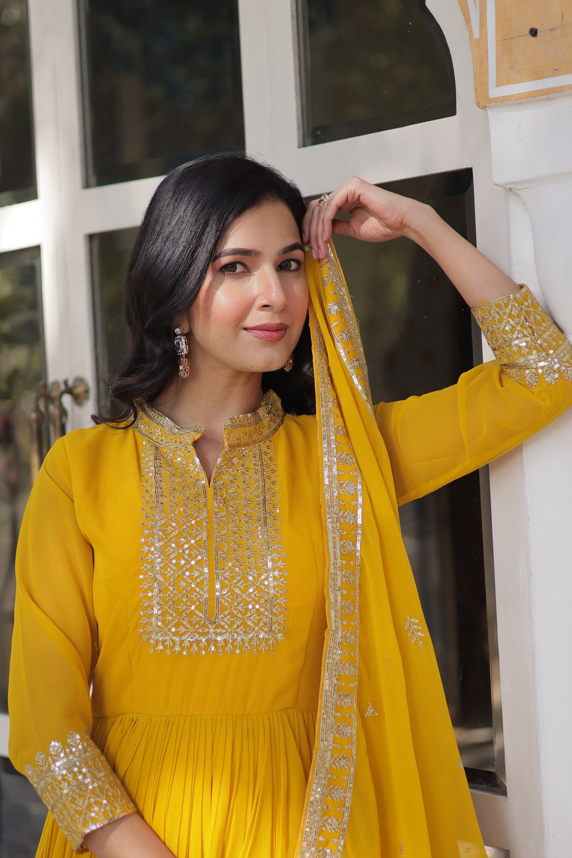 Sahasra Soft Georgette Embroidered Yellow Gown Set