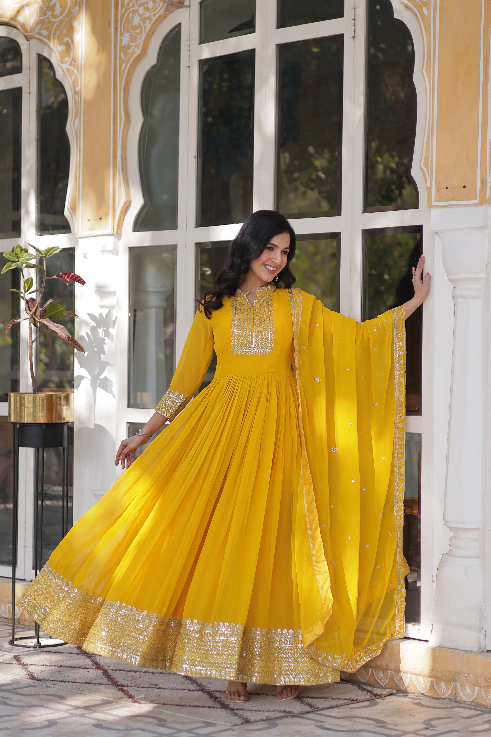 Sahasra Soft Georgette Embroidered Yellow Gown Set