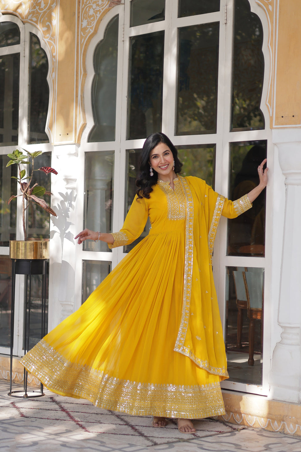 Sahasra Soft Georgette Embroidered Yellow Gown Set