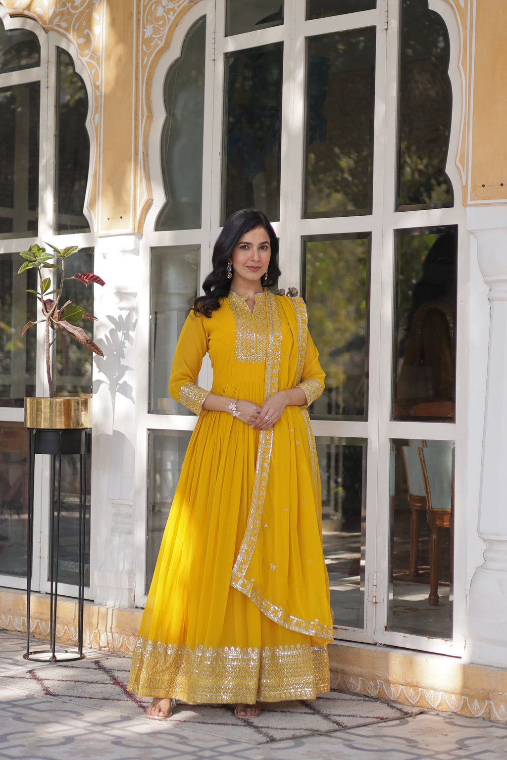 Sahasra Soft Georgette Embroidered Yellow Gown Set